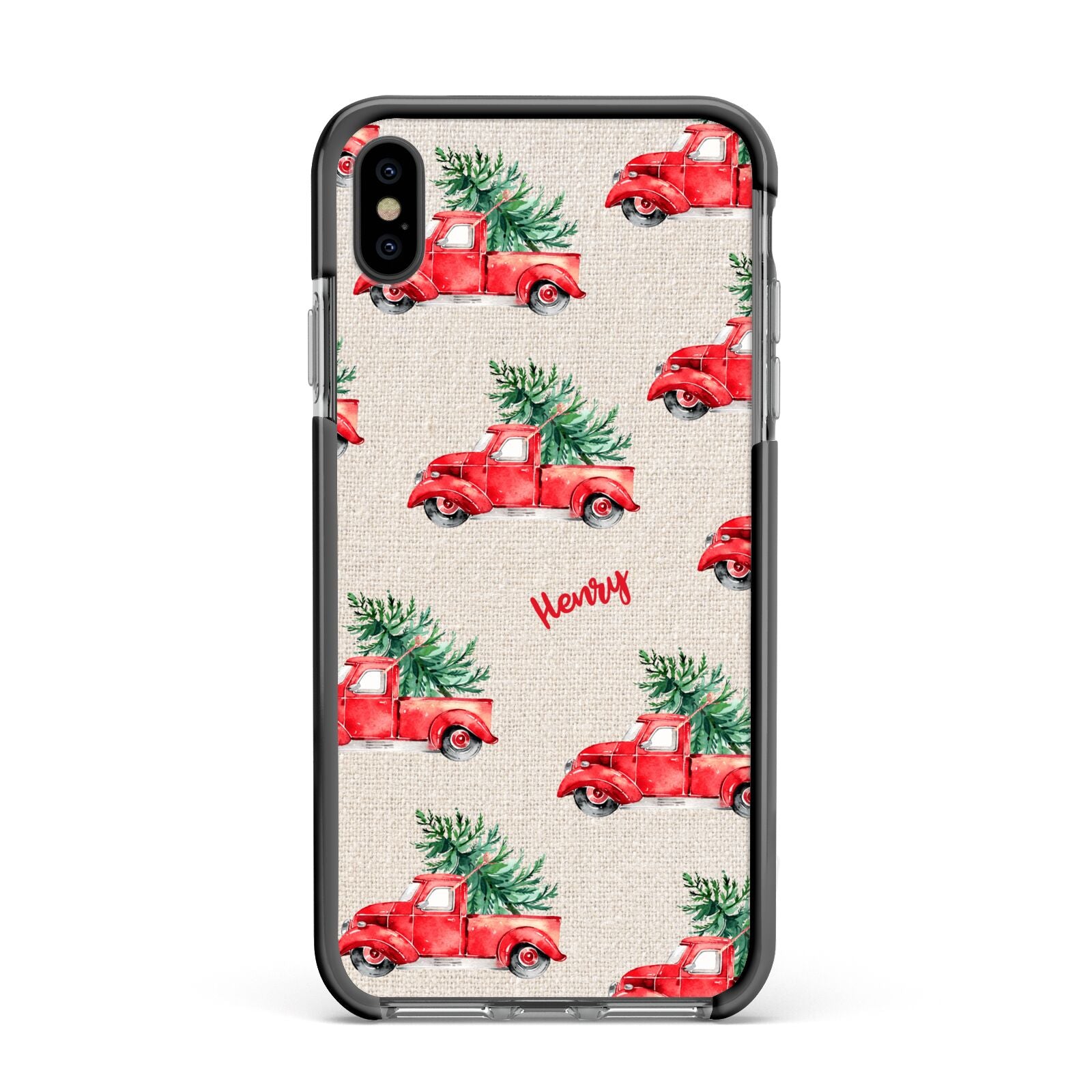Red Christmas Truck Personalised Apple iPhone Xs Max Impact Case Black Edge on Black Phone