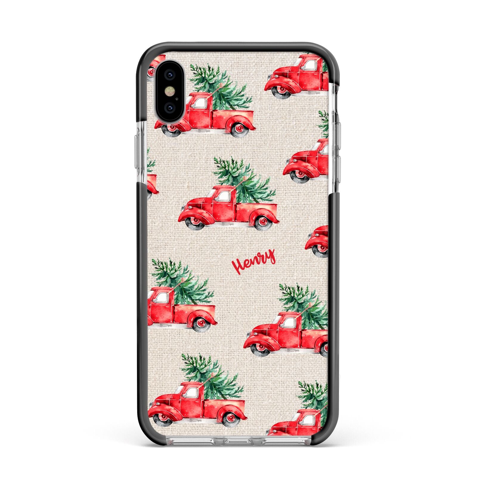 Red Christmas Truck Personalised Apple iPhone Xs Max Impact Case Black Edge on Silver Phone