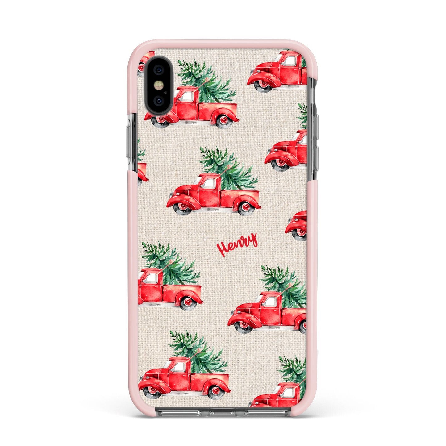 Red Christmas Truck Personalised Apple iPhone Xs Max Impact Case Pink Edge on Black Phone