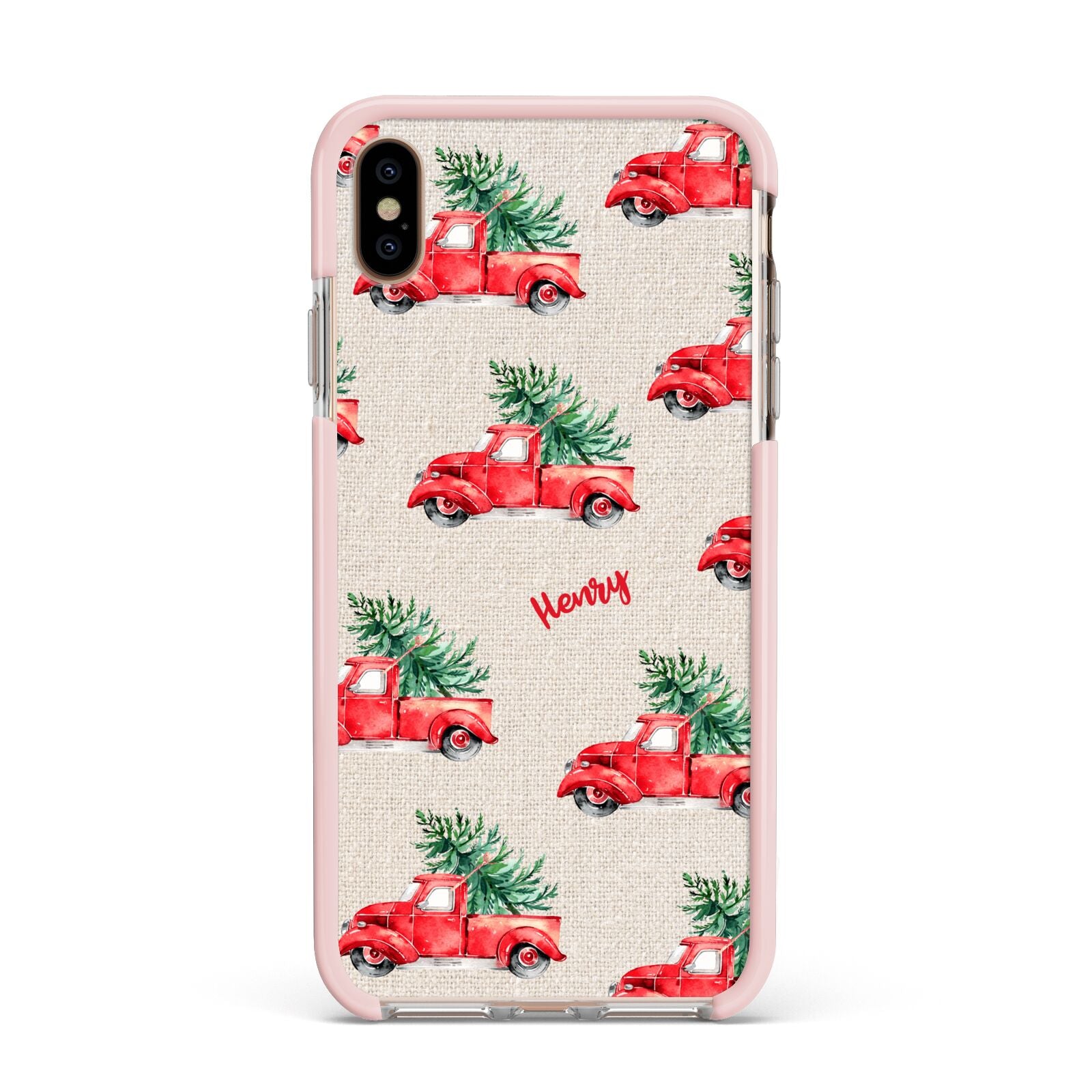 Red Christmas Truck Personalised Apple iPhone Xs Max Impact Case Pink Edge on Gold Phone