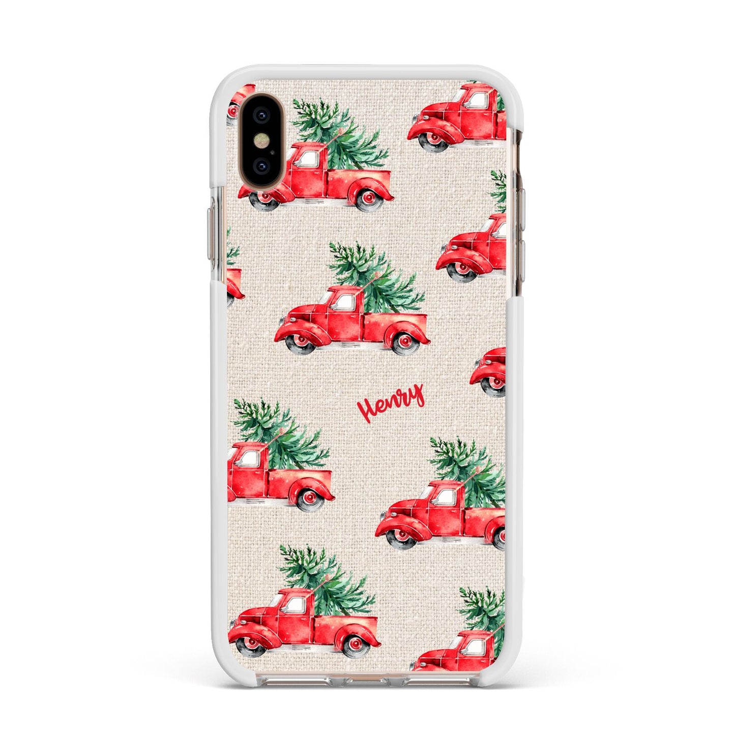 Red Christmas Truck Personalised Apple iPhone Xs Max Impact Case White Edge on Gold Phone