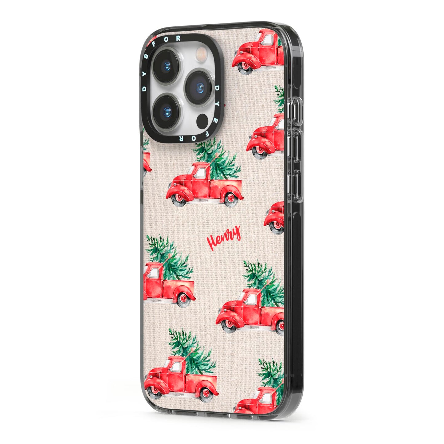 Red Christmas Truck Personalised iPhone 13 Pro Black Impact Case Side Angle on Silver phone