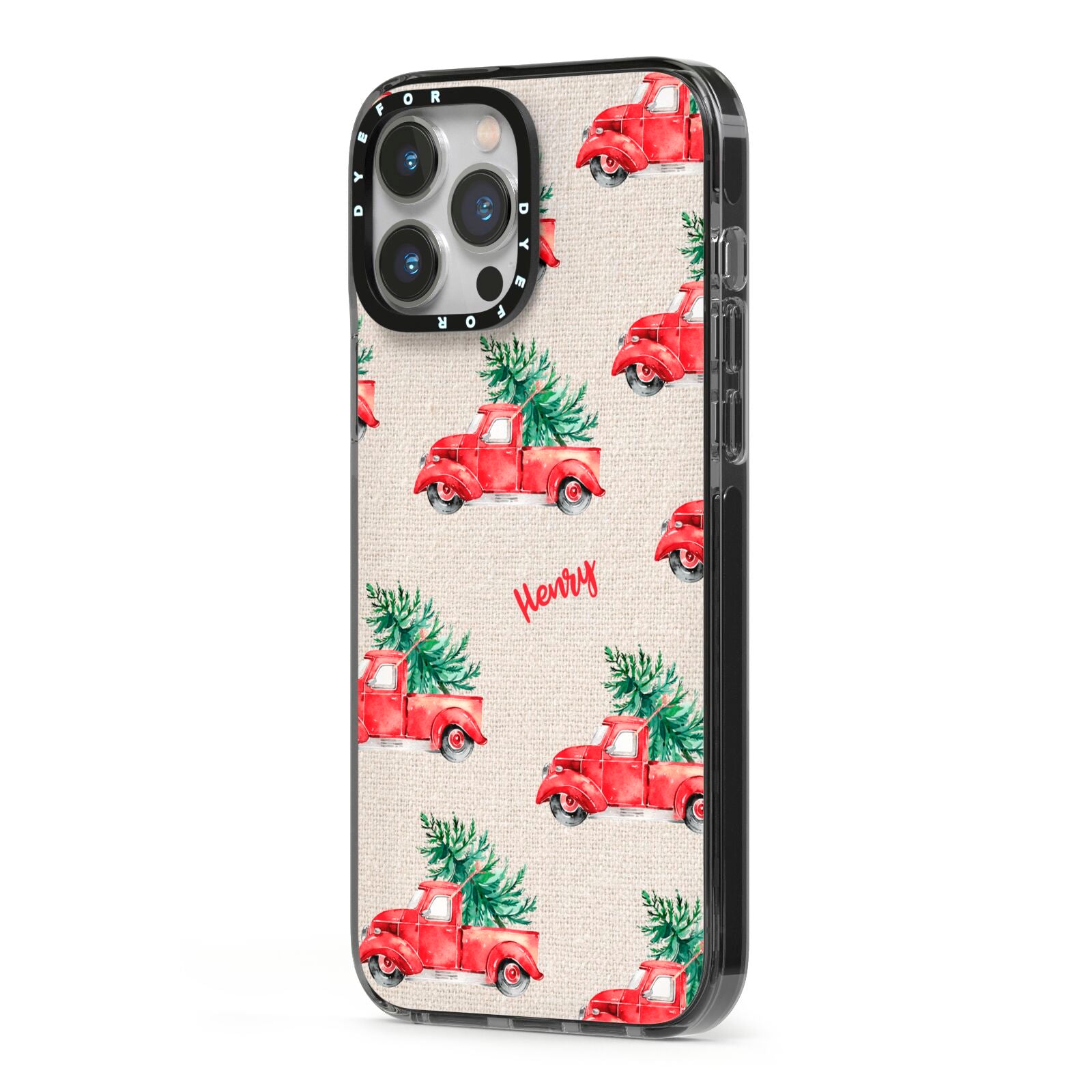 Red Christmas Truck Personalised iPhone 13 Pro Max Black Impact Case Side Angle on Silver phone