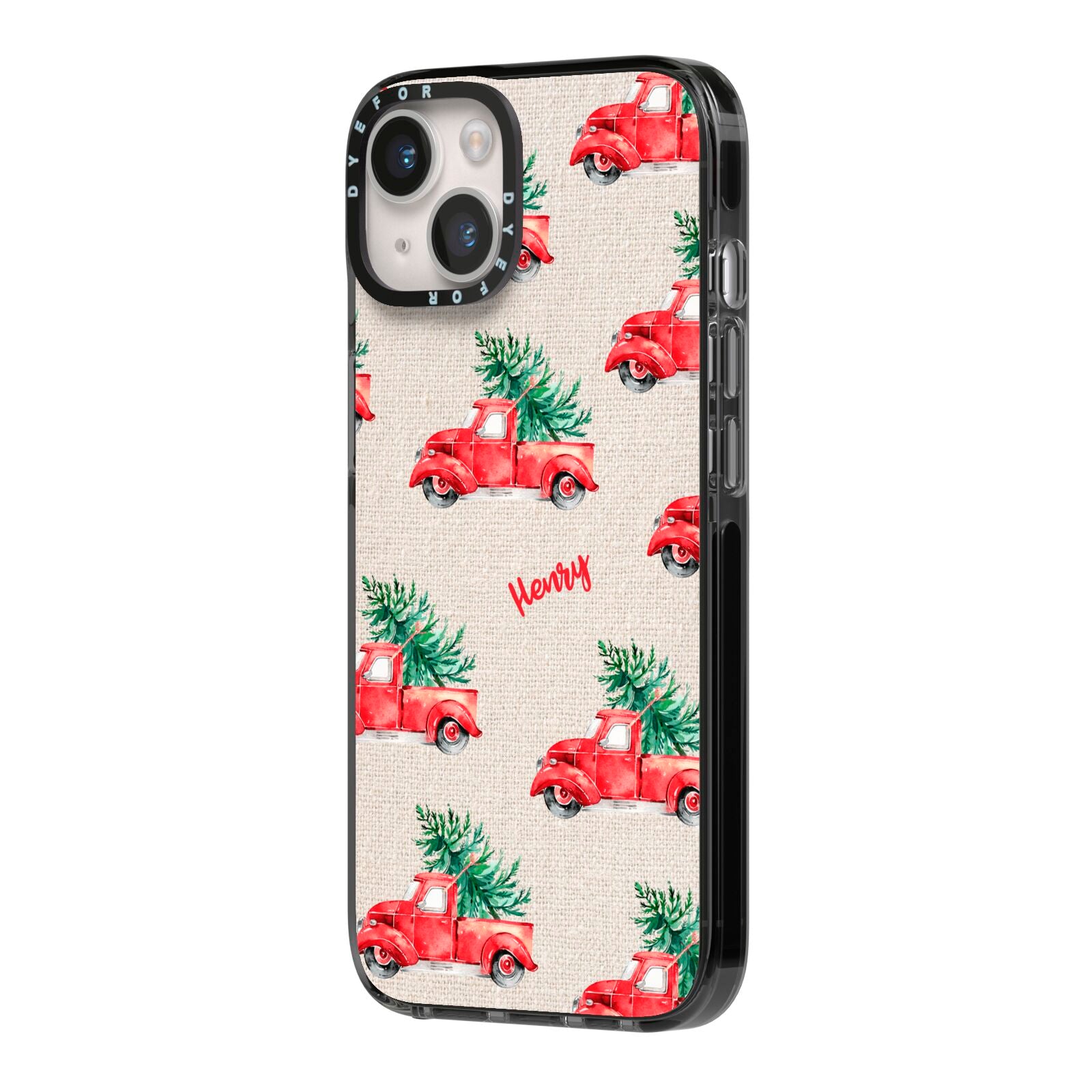 Red Christmas Truck Personalised iPhone 14 Black Impact Case Side Angle on Silver phone