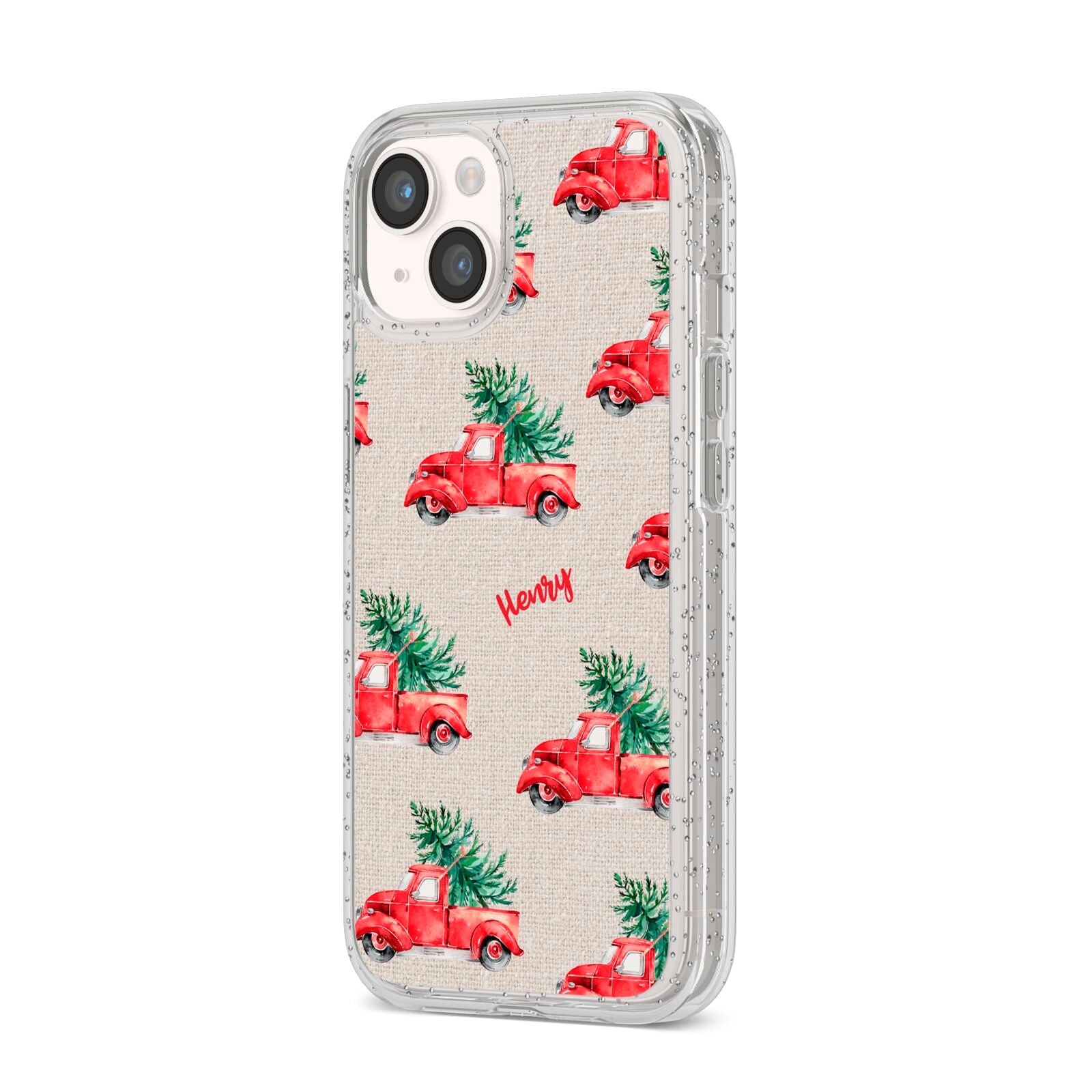 Red Christmas Truck Personalised iPhone 14 Glitter Tough Case Starlight Angled Image