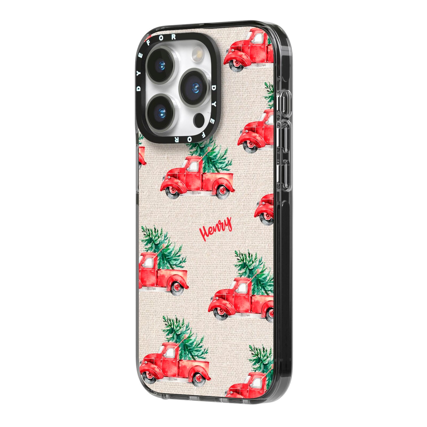 Red Christmas Truck Personalised iPhone 14 Pro Black Impact Case Side Angle on Silver phone