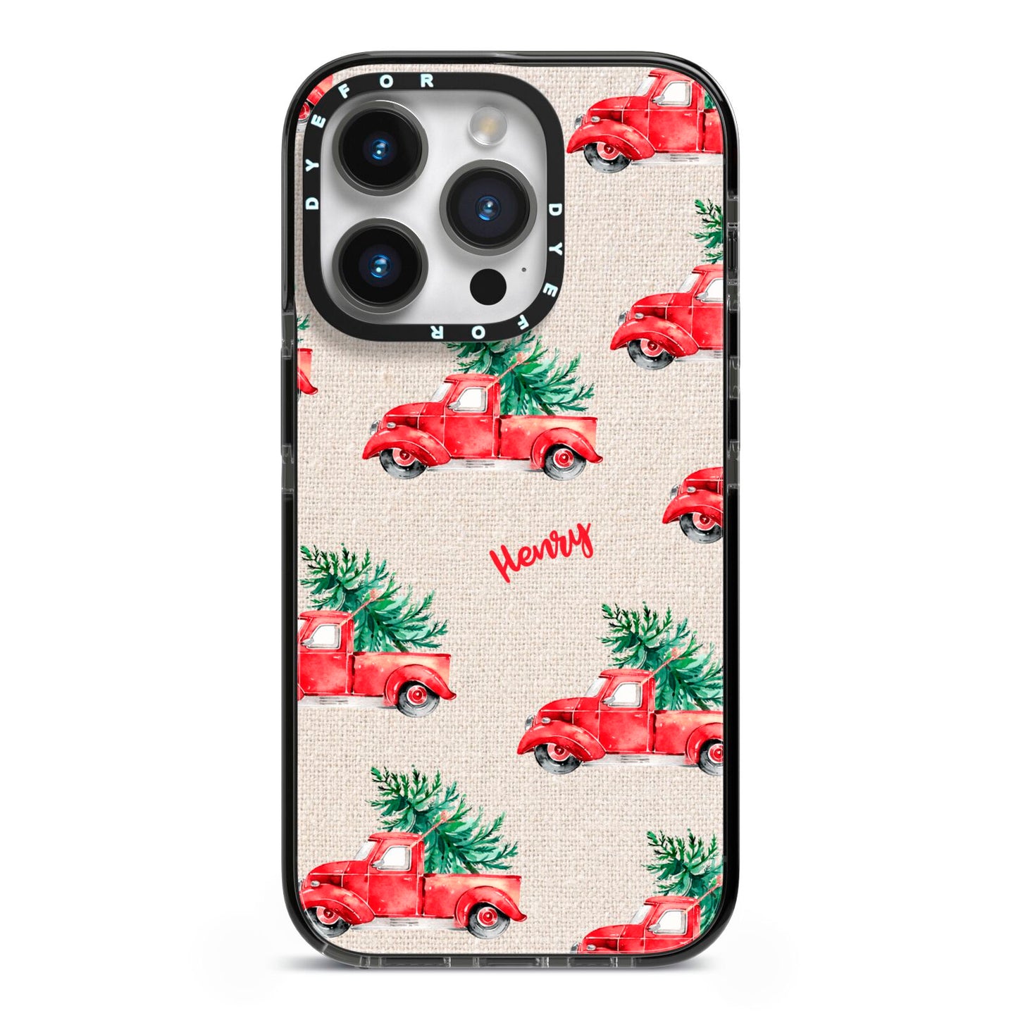 Red Christmas Truck Personalised iPhone 14 Pro Black Impact Case on Silver phone