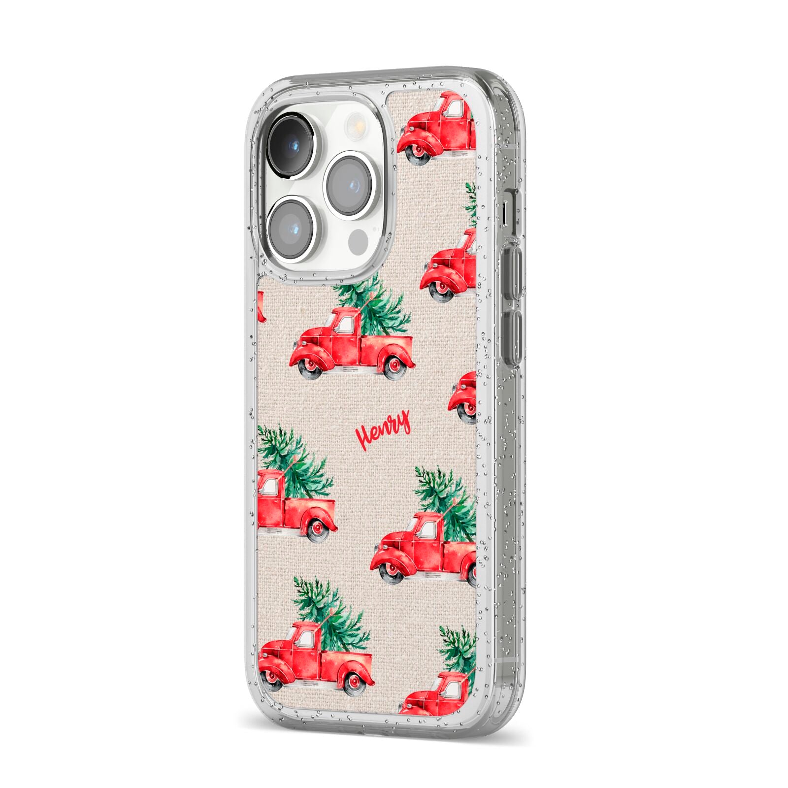Red Christmas Truck Personalised iPhone 14 Pro Glitter Tough Case Silver Angled Image