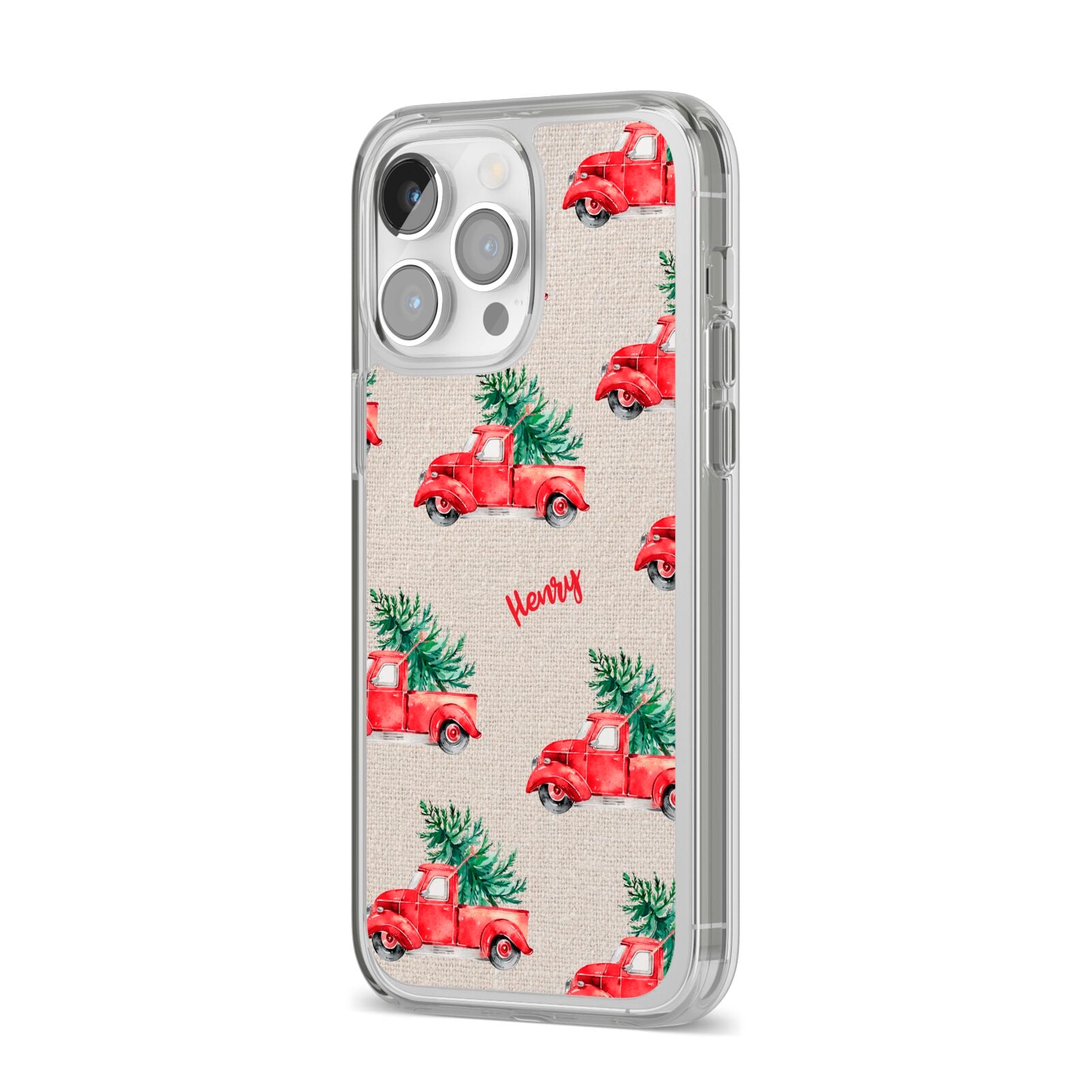 Red Christmas Truck Personalised iPhone 14 Pro Max Clear Tough Case Silver Angled Image