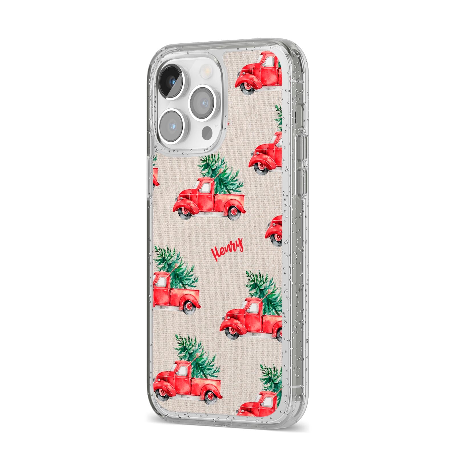 Red Christmas Truck Personalised iPhone 14 Pro Max Glitter Tough Case Silver Angled Image