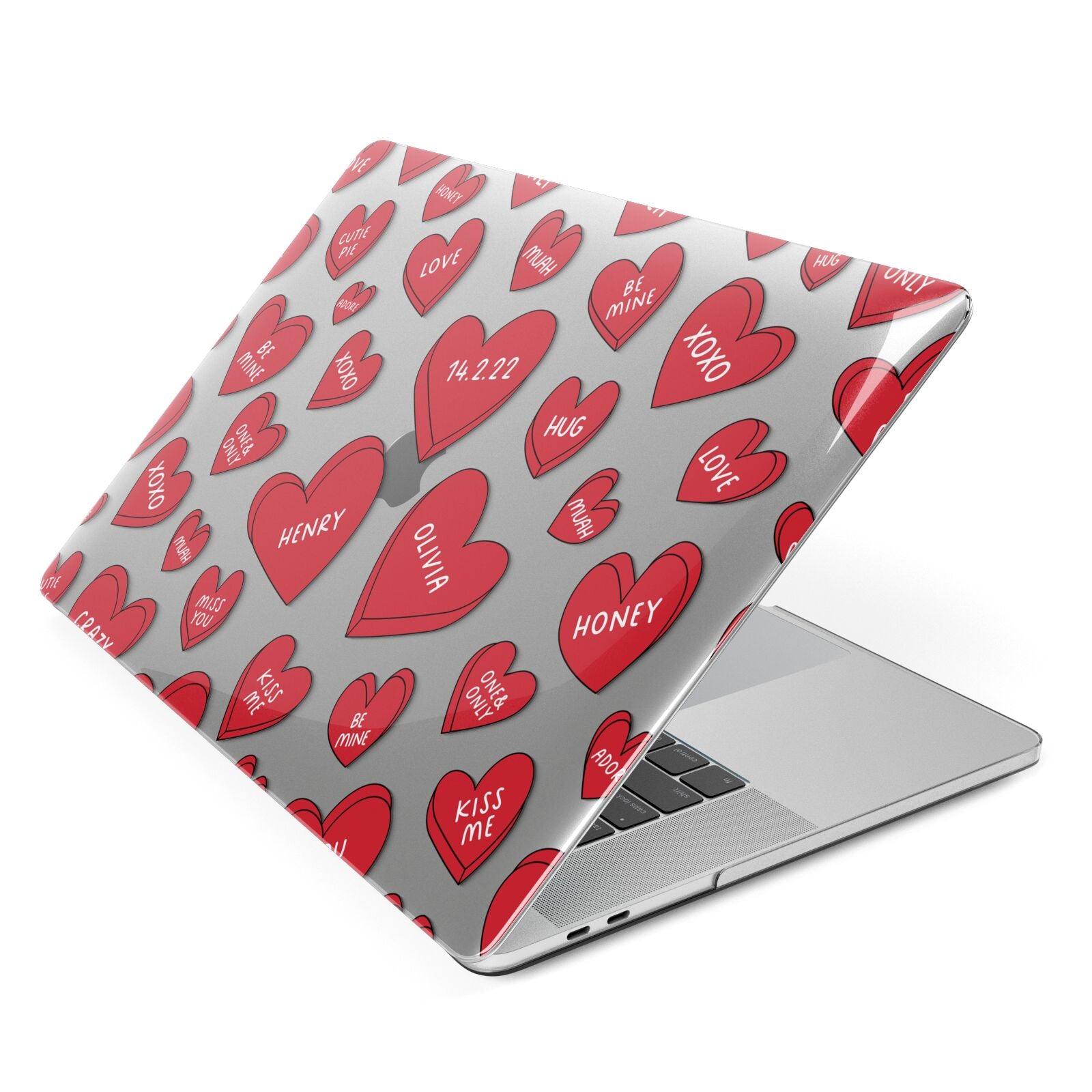 Red Hearts Couples Personalised Apple MacBook Case Side View