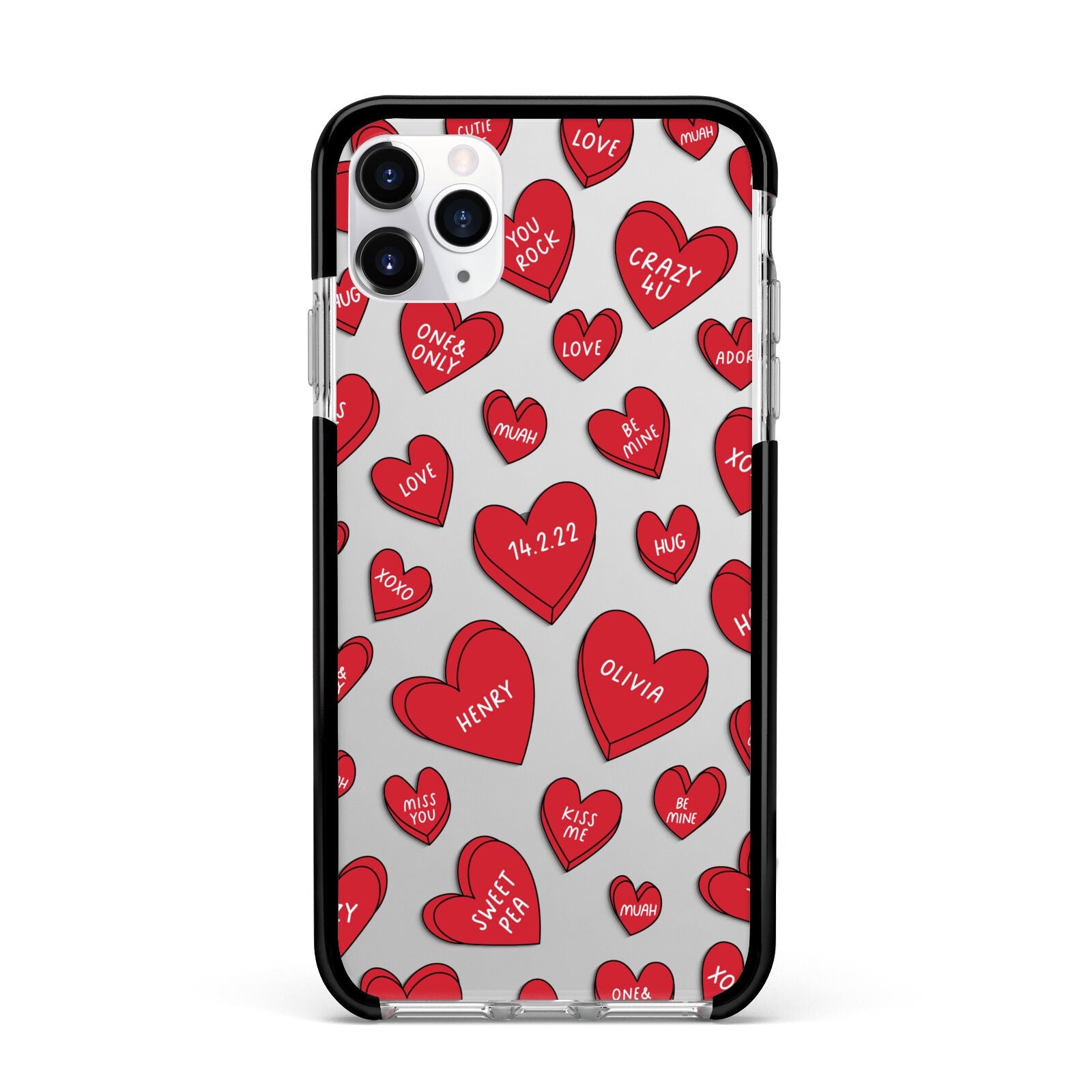 Red Hearts Couples Personalised Apple iPhone 11 Pro Max in Silver with Black Impact Case