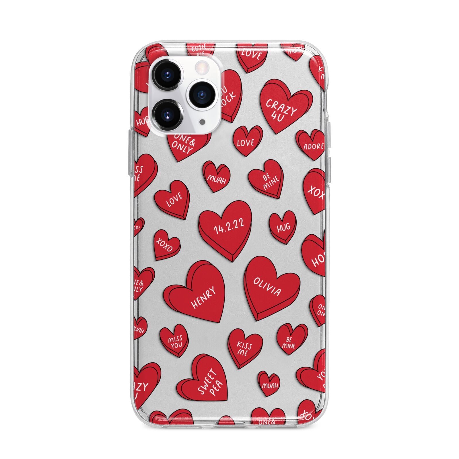 Red Hearts Couples Personalised Apple iPhone 11 Pro Max in Silver with Bumper Case