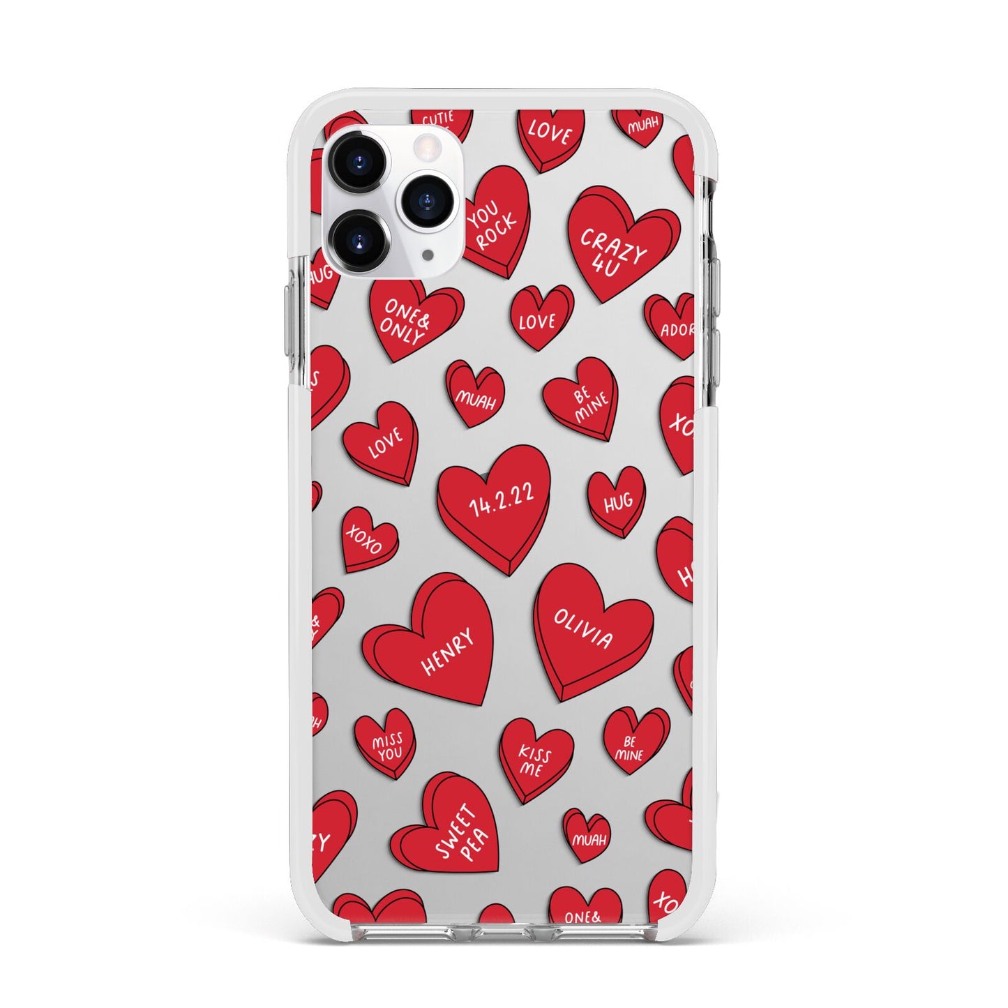 Red Hearts Couples Personalised Apple iPhone 11 Pro Max in Silver with White Impact Case