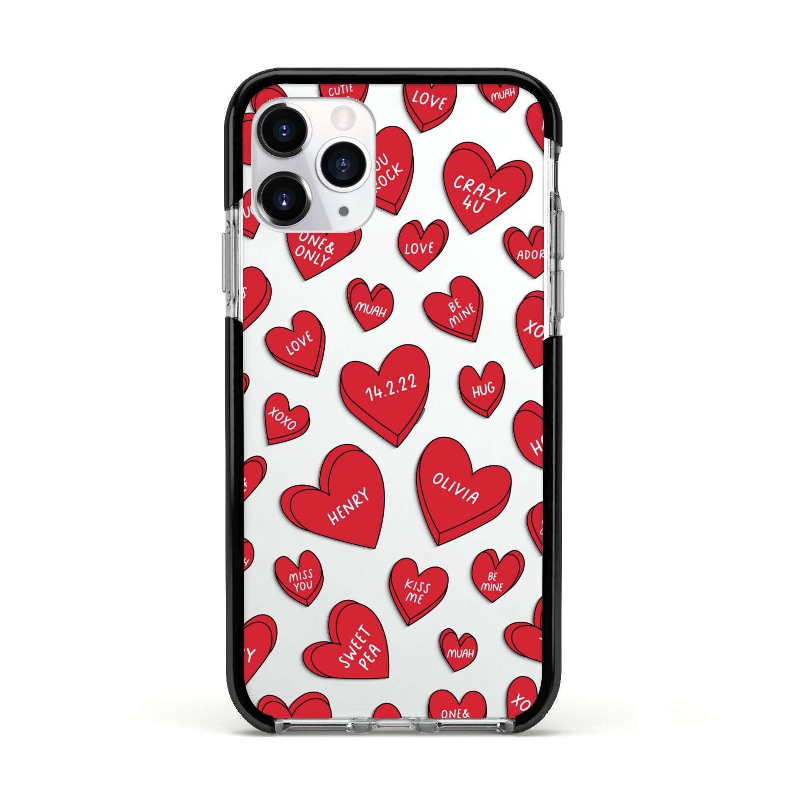 Red Hearts Couples Personalised Apple iPhone 11 Pro in Silver with Black Impact Case