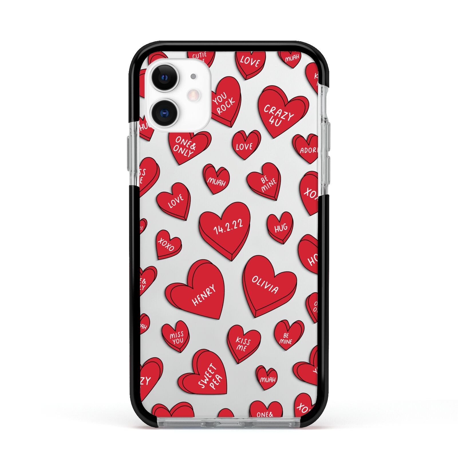 Red Hearts Couples Personalised Apple iPhone 11 in White with Black Impact Case