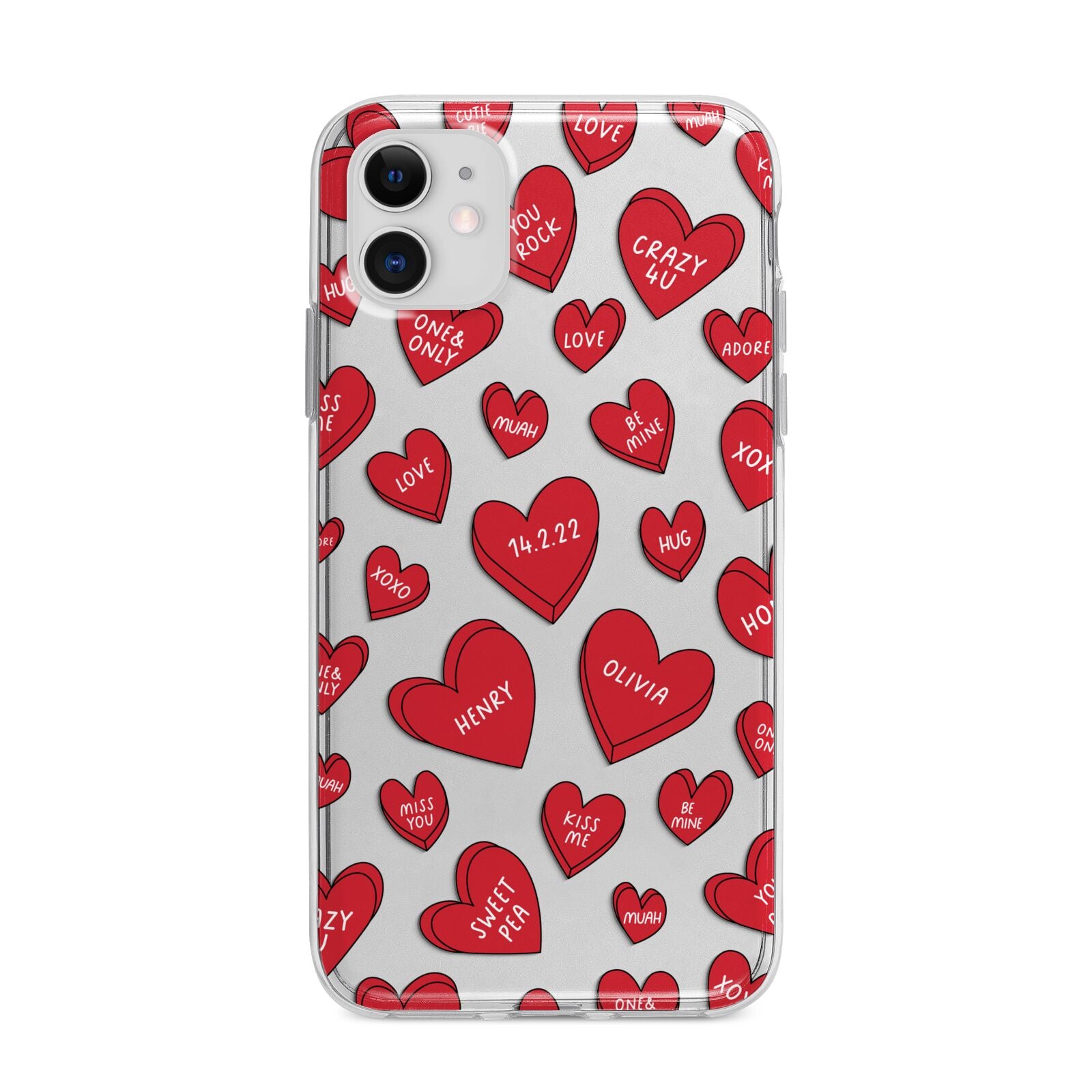 Red Hearts Couples Personalised Apple iPhone 11 in White with Bumper Case