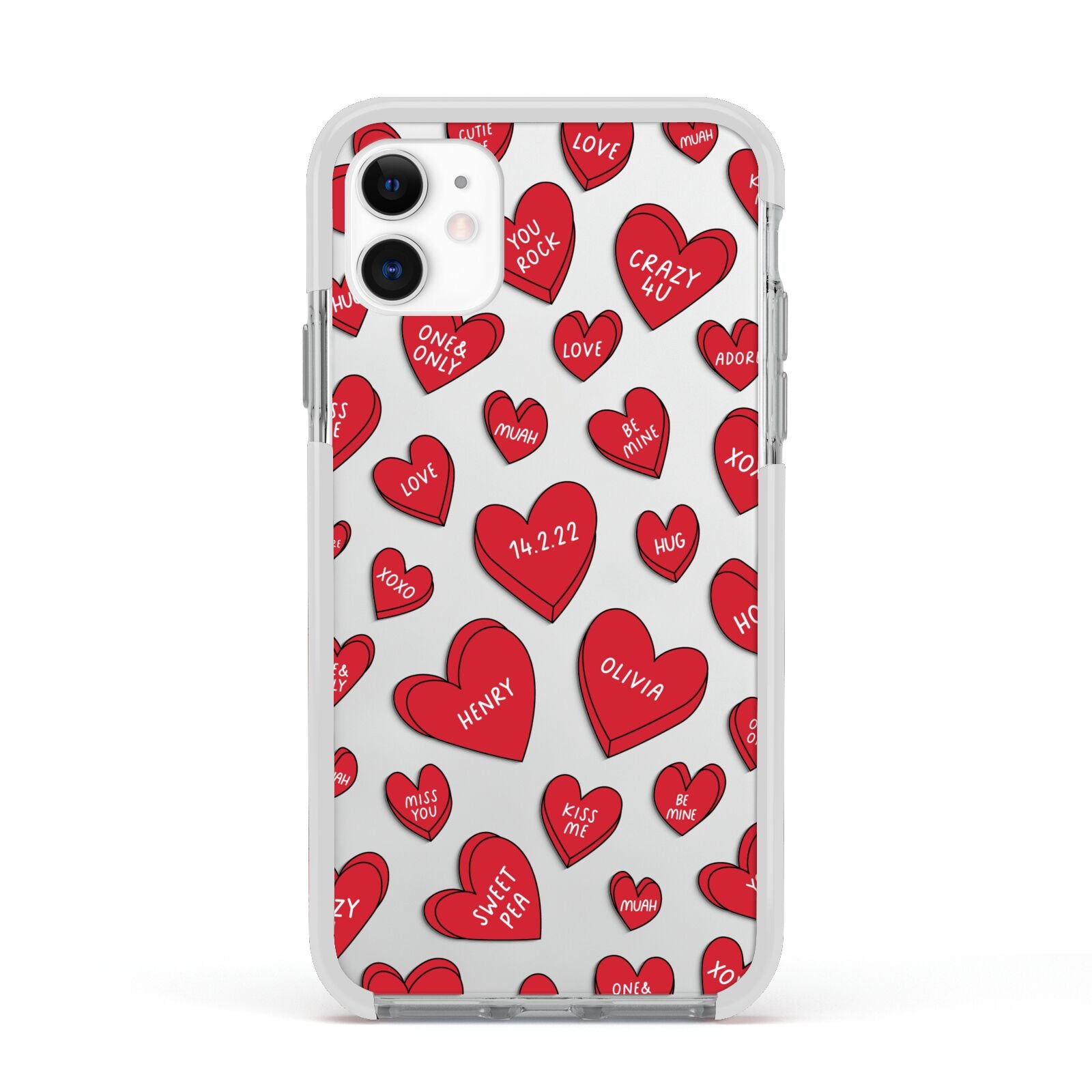 Red Hearts Couples Personalised Apple iPhone 11 in White with White Impact Case