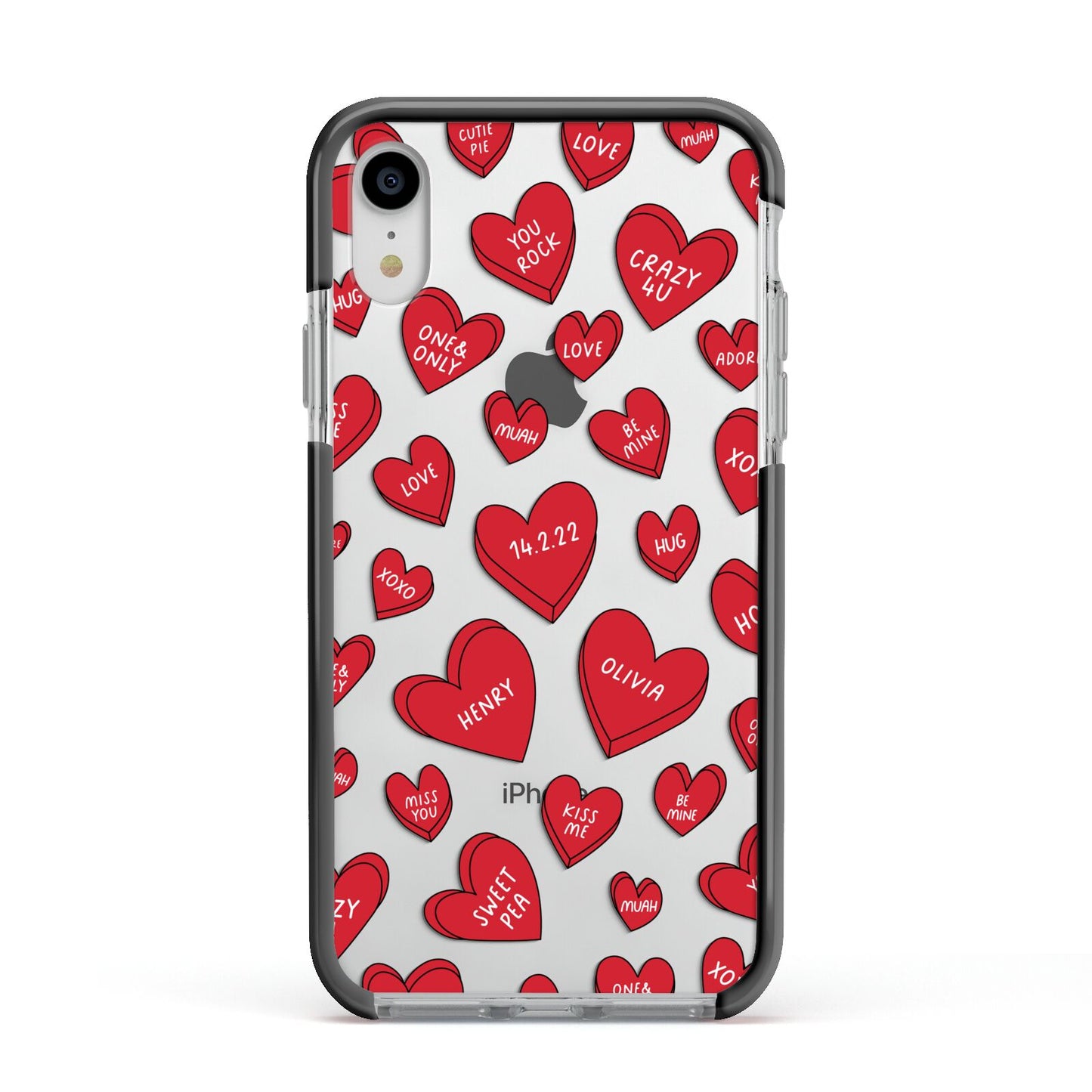 Red Hearts Couples Personalised Apple iPhone XR Impact Case Black Edge on Silver Phone