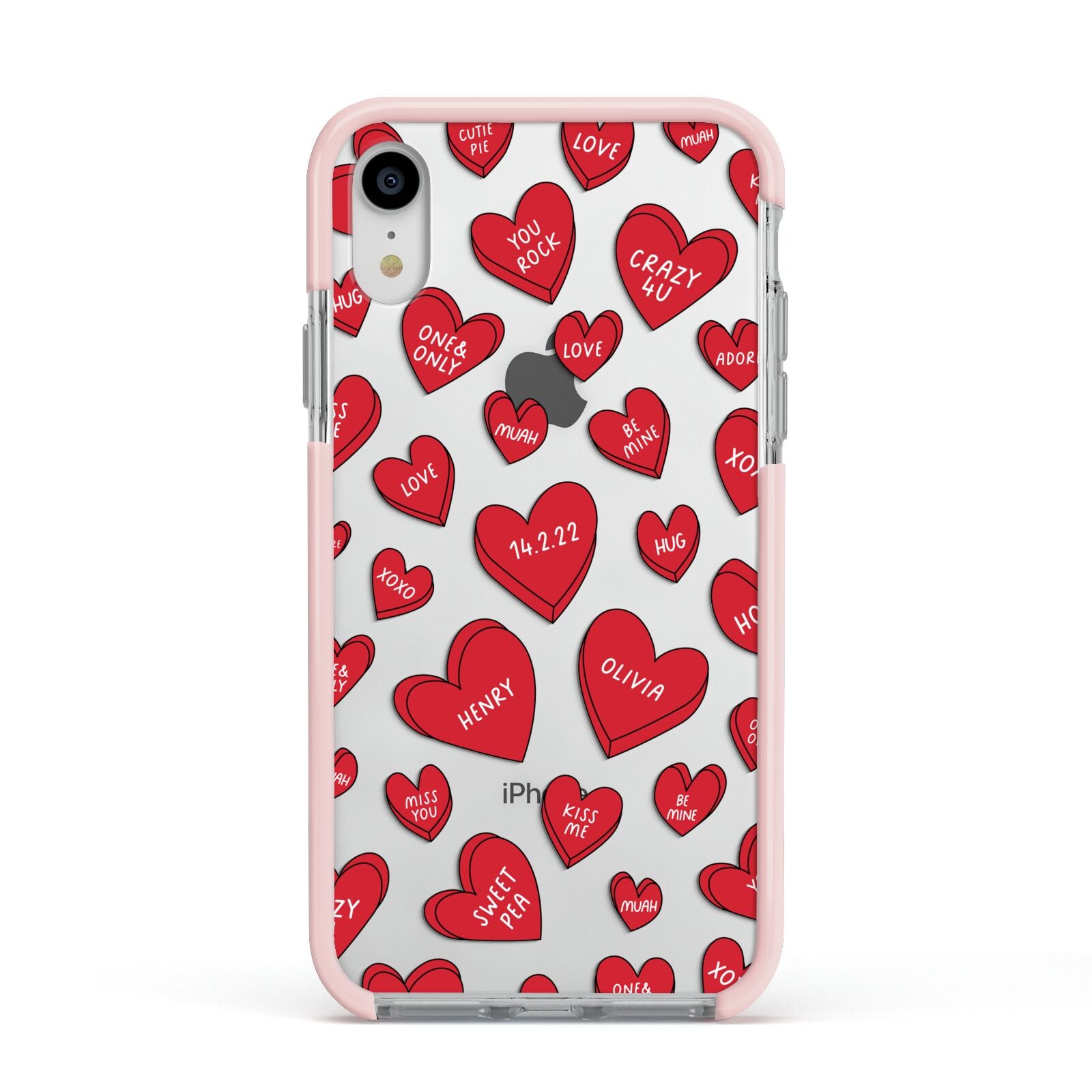 Red Hearts Couples Personalised Apple iPhone XR Impact Case Pink Edge on Silver Phone