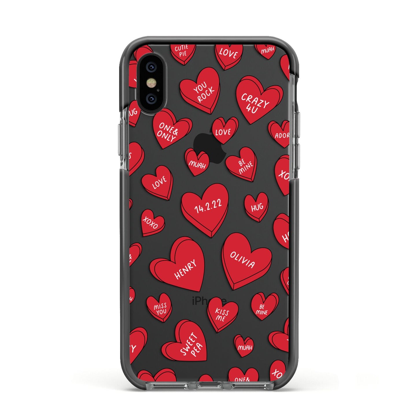 Red Hearts Couples Personalised Apple iPhone Xs Impact Case Black Edge on Black Phone