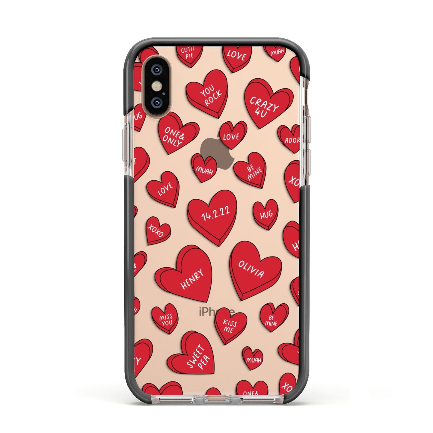 Red Hearts Couples Personalised Apple iPhone Xs Impact Case Black Edge on Gold Phone