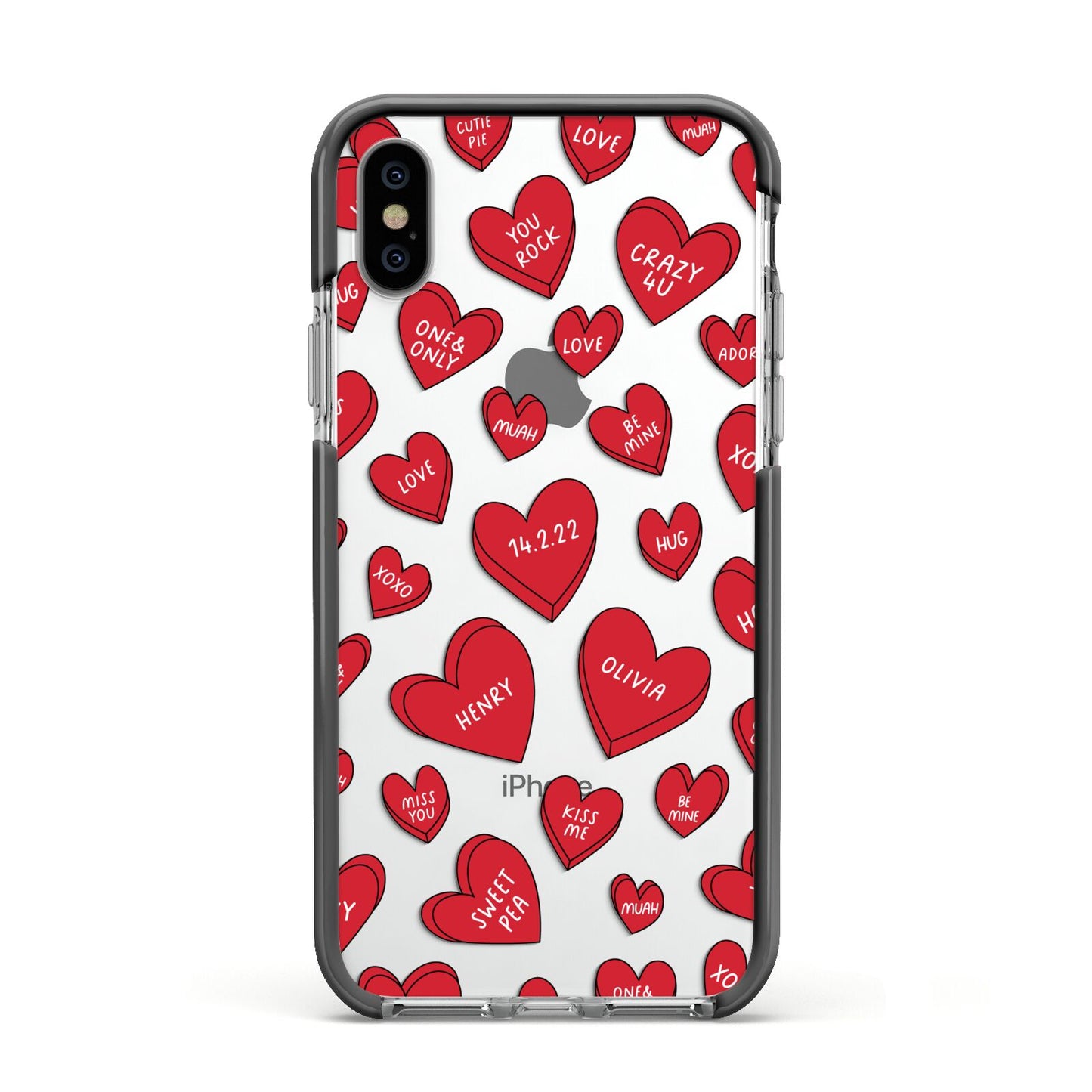 Red Hearts Couples Personalised Apple iPhone Xs Impact Case Black Edge on Silver Phone