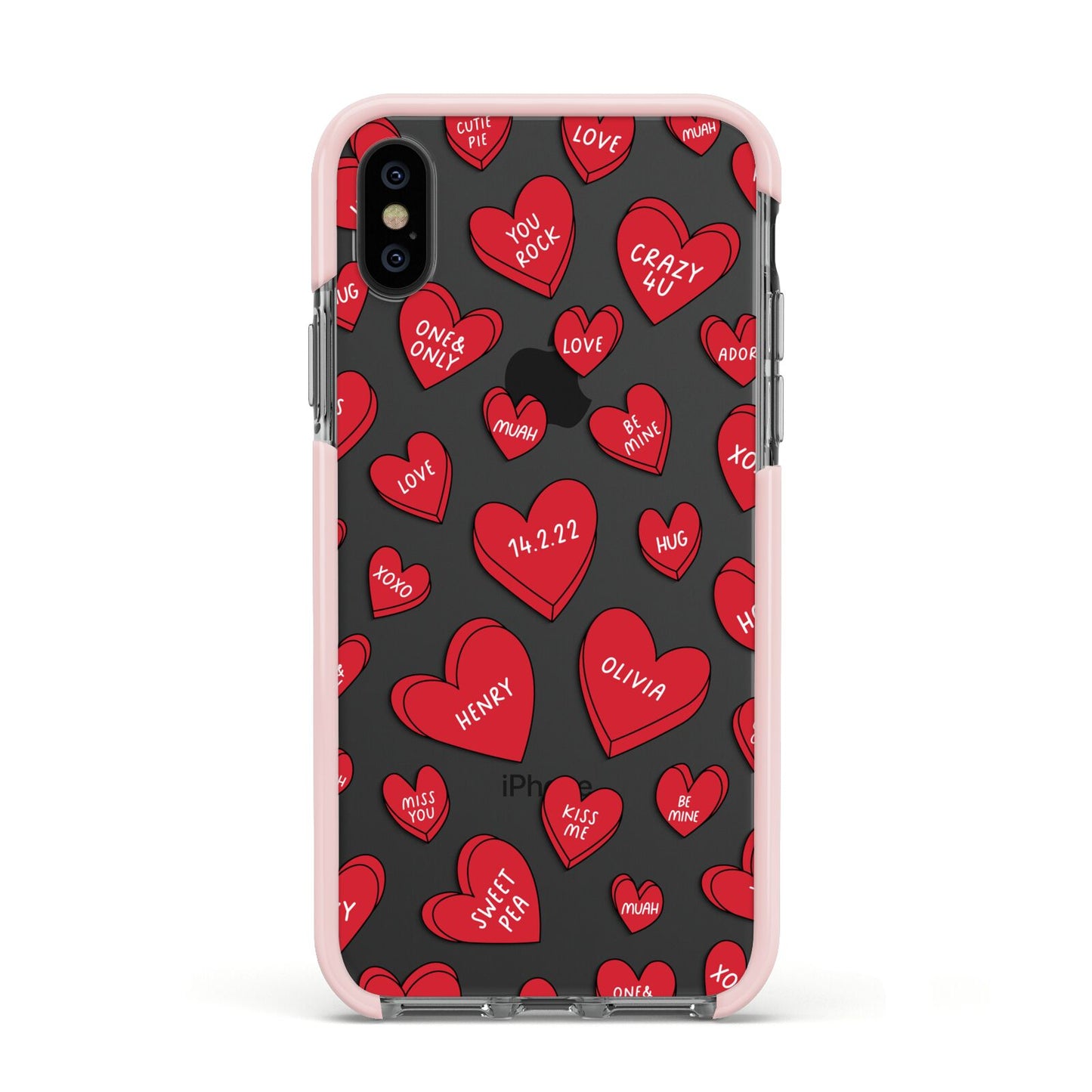 Red Hearts Couples Personalised Apple iPhone Xs Impact Case Pink Edge on Black Phone