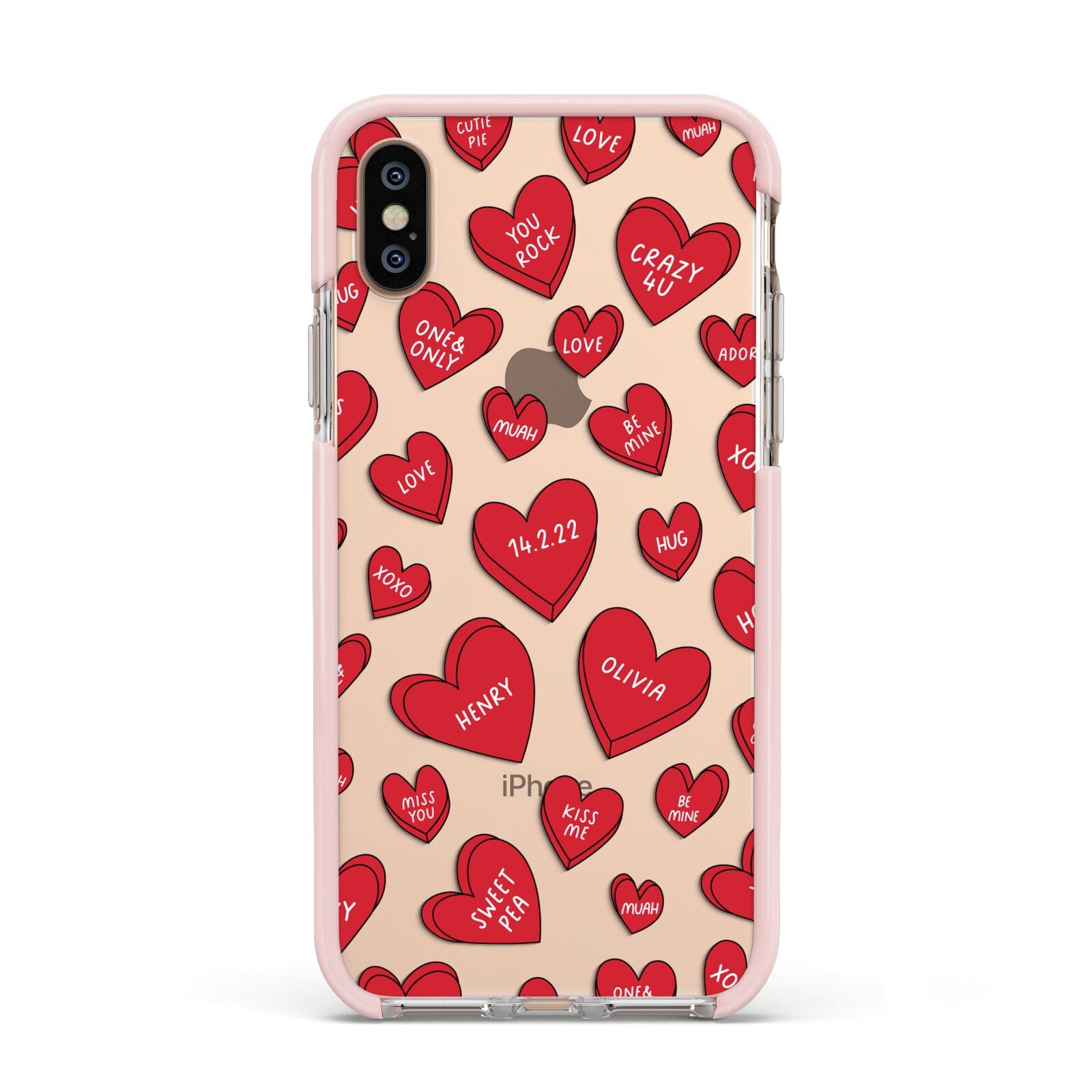 Red Hearts Couples Personalised Apple iPhone Xs Impact Case Pink Edge on Gold Phone