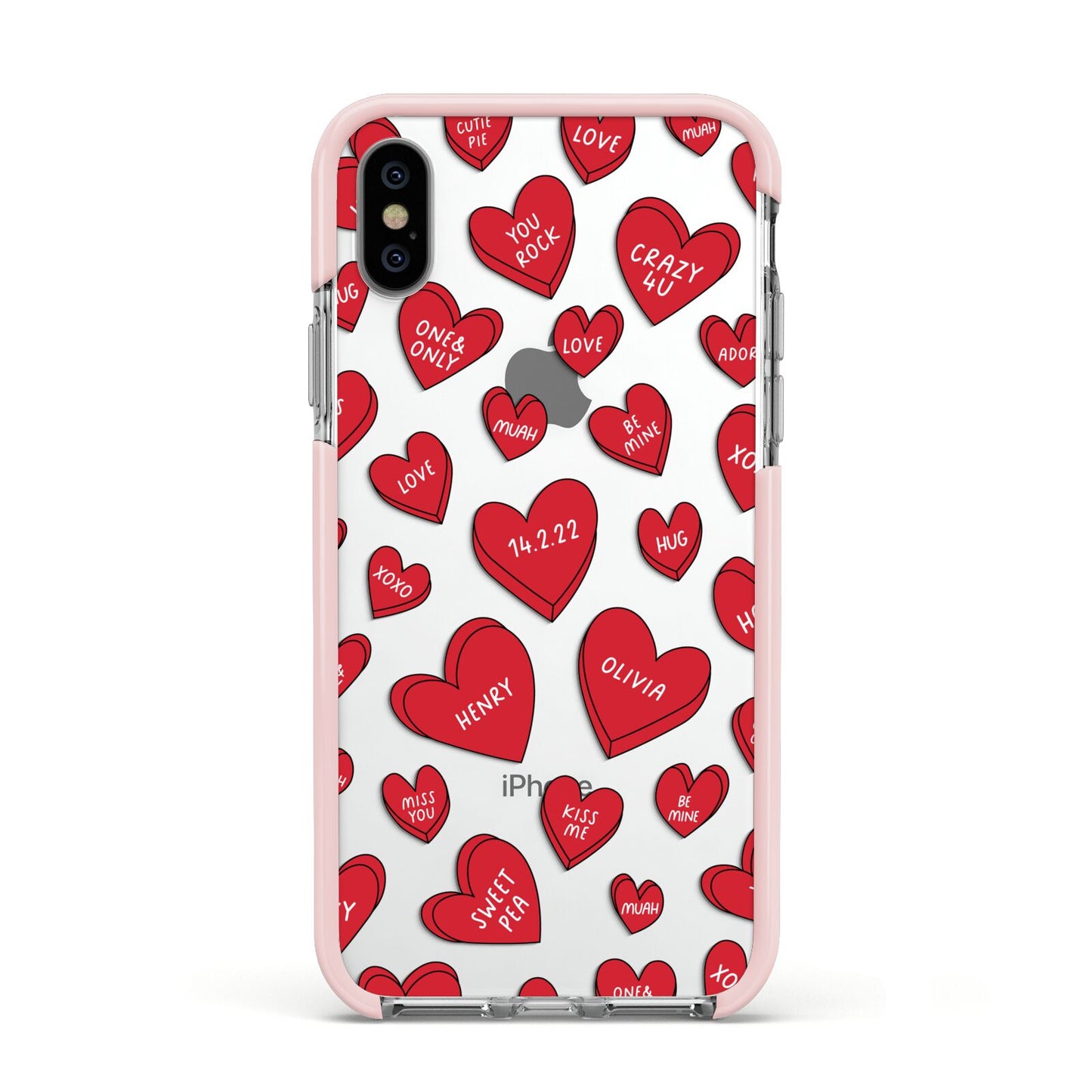 Red Hearts Couples Personalised Apple iPhone Xs Impact Case Pink Edge on Silver Phone