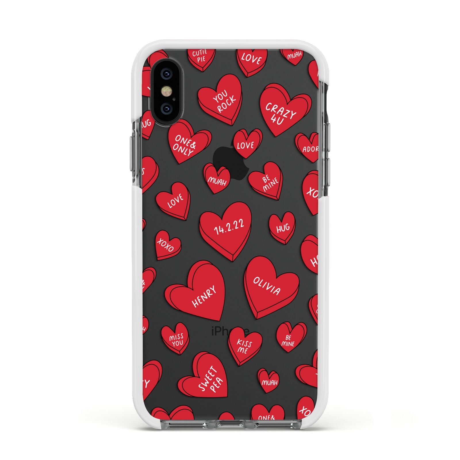 Red Hearts Couples Personalised Apple iPhone Xs Impact Case White Edge on Black Phone