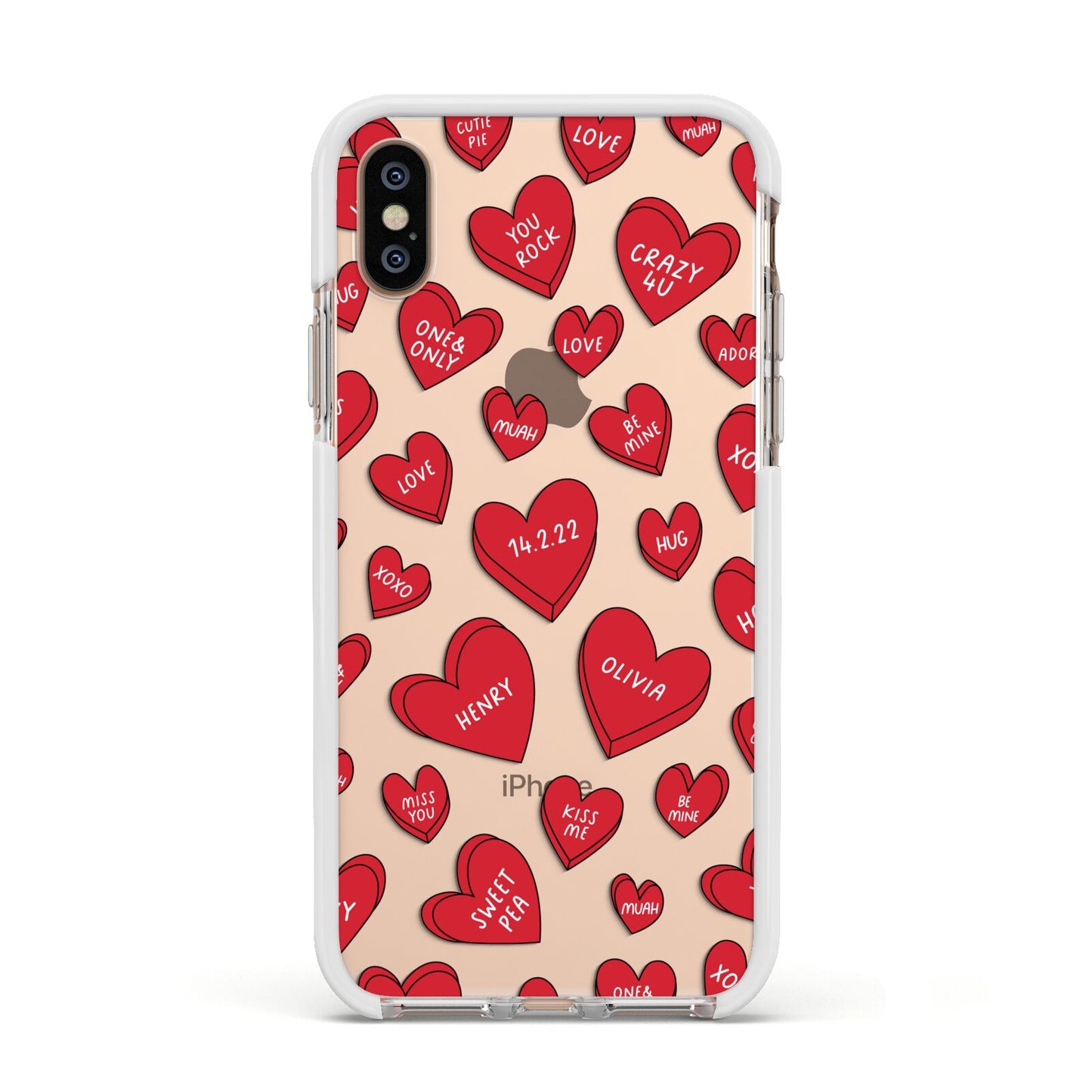 Red Hearts Couples Personalised Apple iPhone Xs Impact Case White Edge on Gold Phone