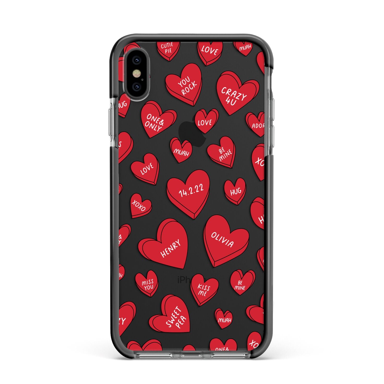 Red Hearts Couples Personalised Apple iPhone Xs Max Impact Case Black Edge on Black Phone