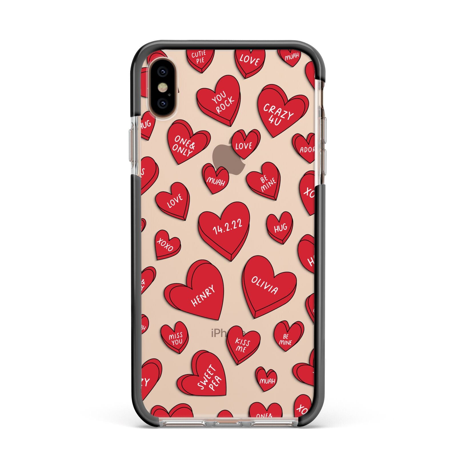 Red Hearts Couples Personalised Apple iPhone Xs Max Impact Case Black Edge on Gold Phone