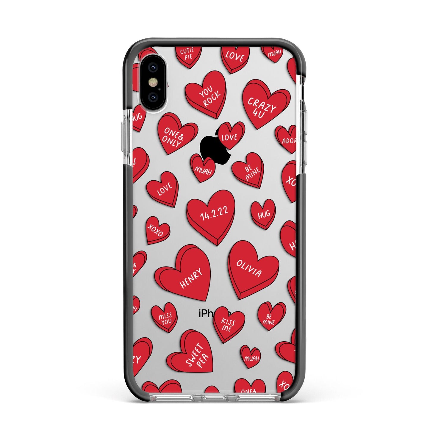 Red Hearts Couples Personalised Apple iPhone Xs Max Impact Case Black Edge on Silver Phone