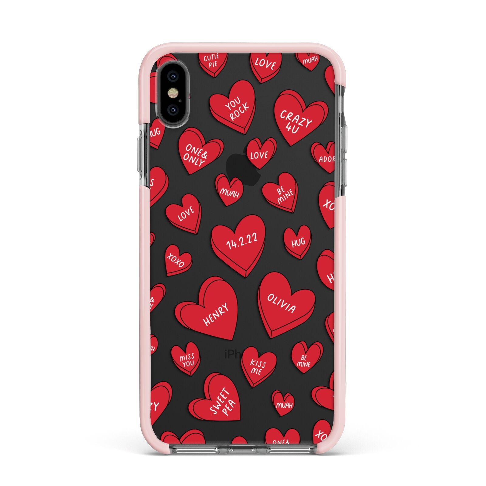 Red Hearts Couples Personalised Apple iPhone Xs Max Impact Case Pink Edge on Black Phone