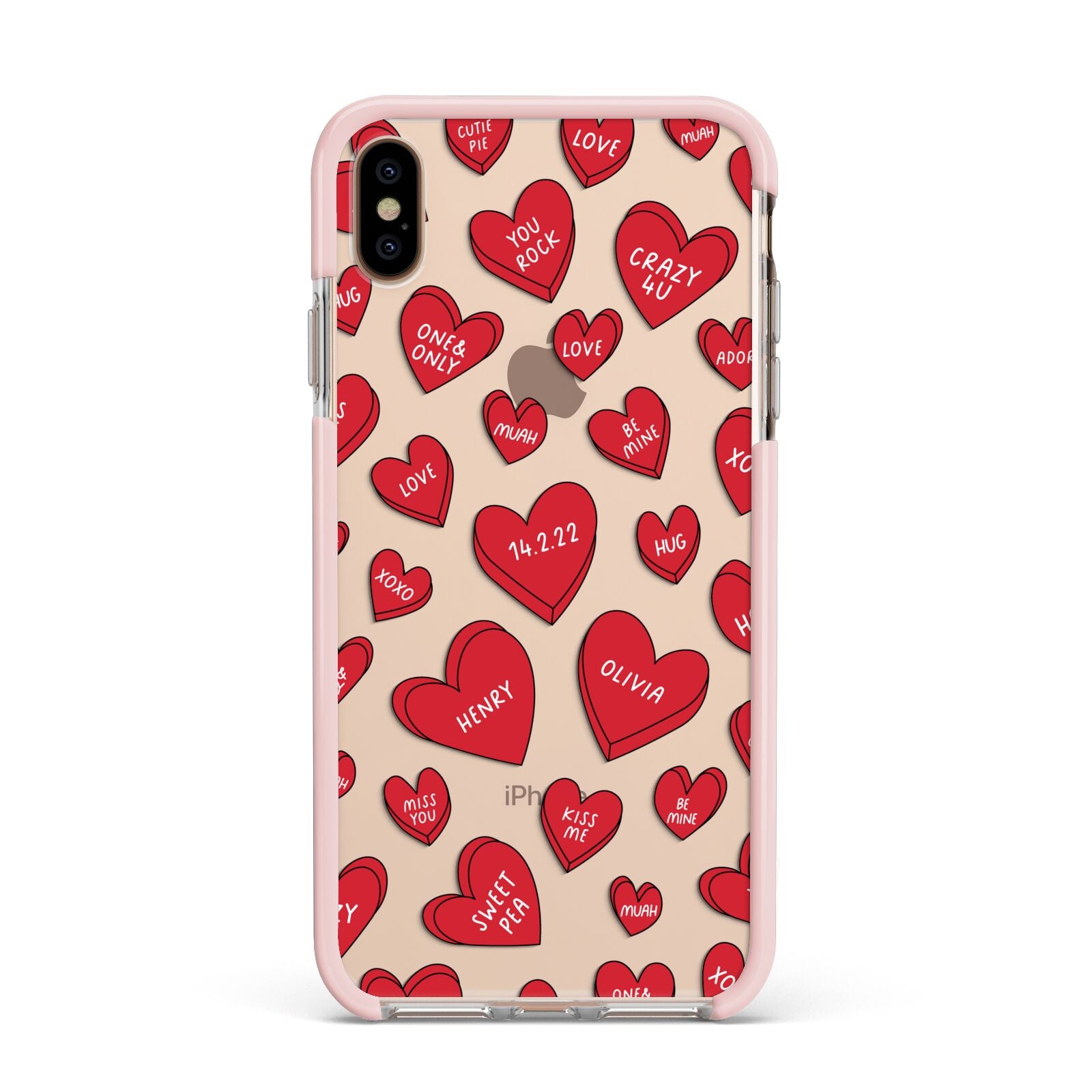 Red Hearts Couples Personalised Apple iPhone Xs Max Impact Case Pink Edge on Gold Phone