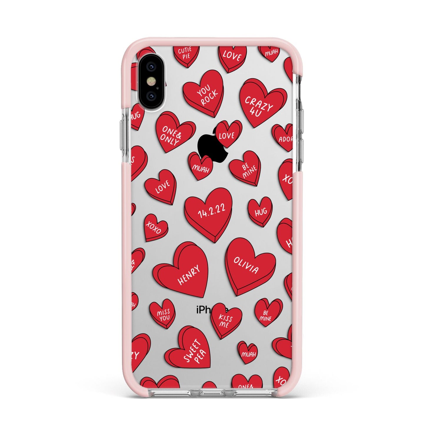 Red Hearts Couples Personalised Apple iPhone Xs Max Impact Case Pink Edge on Silver Phone