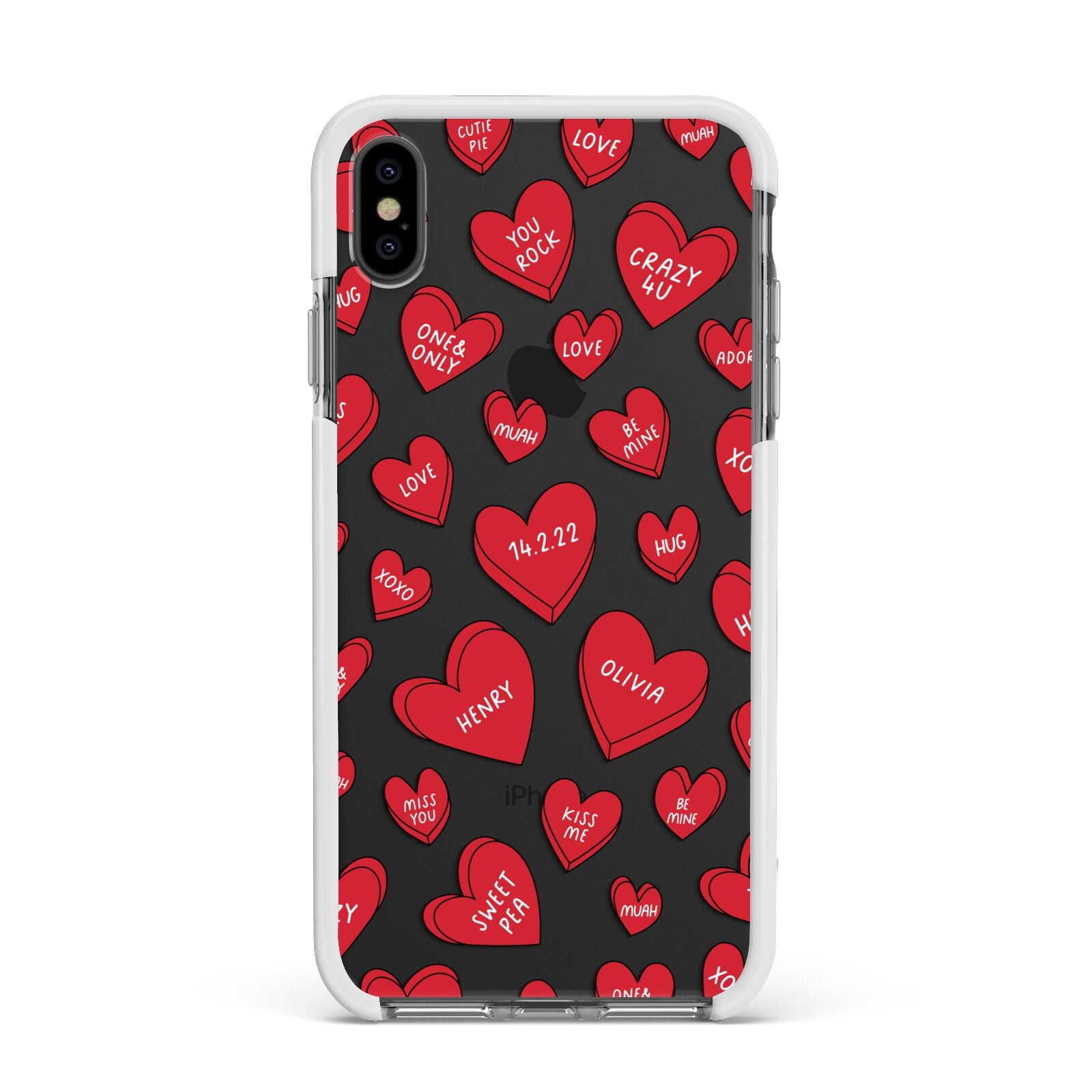 Red Hearts Couples Personalised Apple iPhone Xs Max Impact Case White Edge on Black Phone