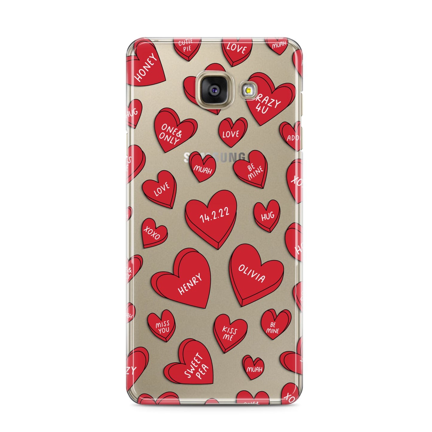 Red Hearts Couples Personalised Samsung Galaxy A3 2016 Case on gold phone