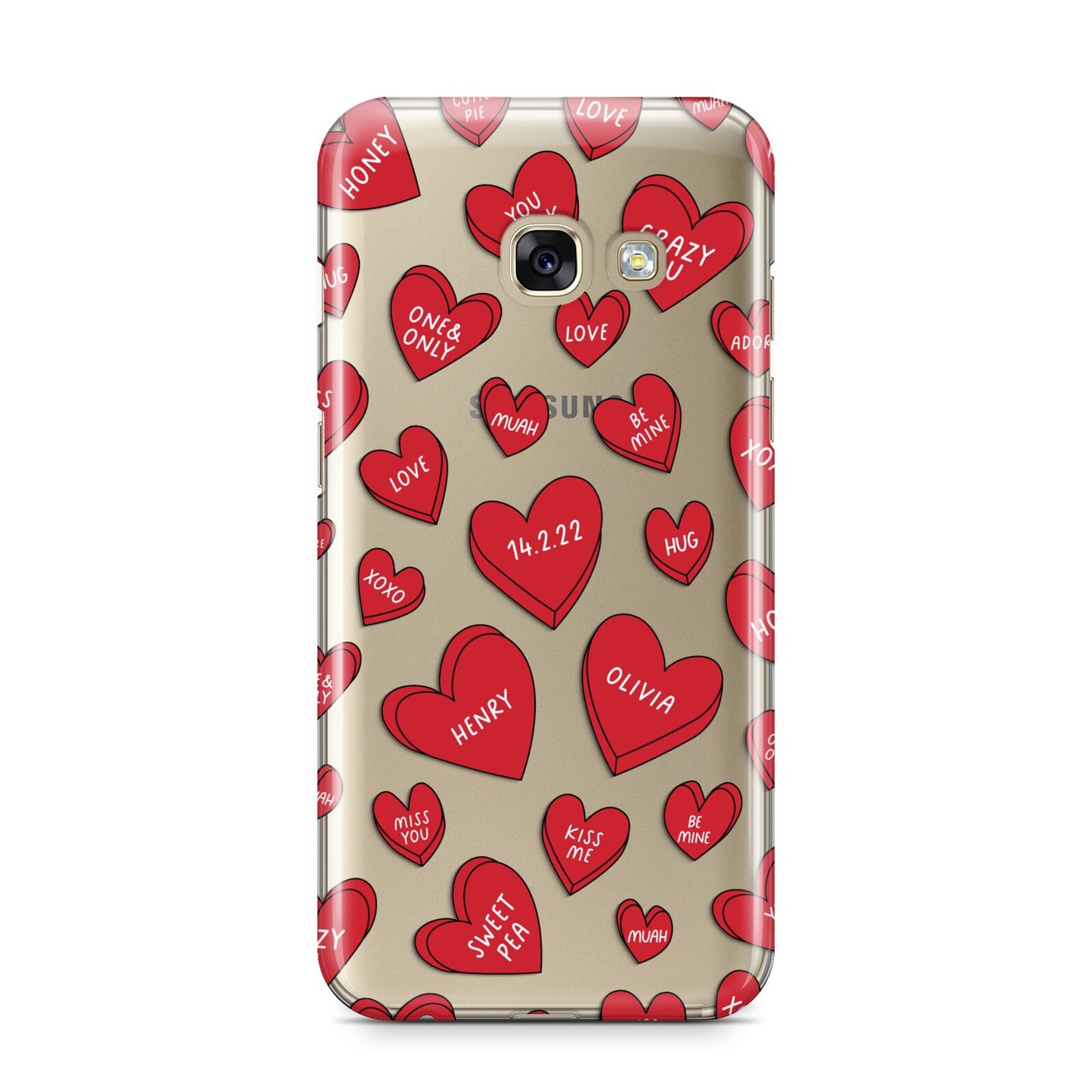 Red Hearts Couples Personalised Samsung Galaxy A3 2017 Case on gold phone