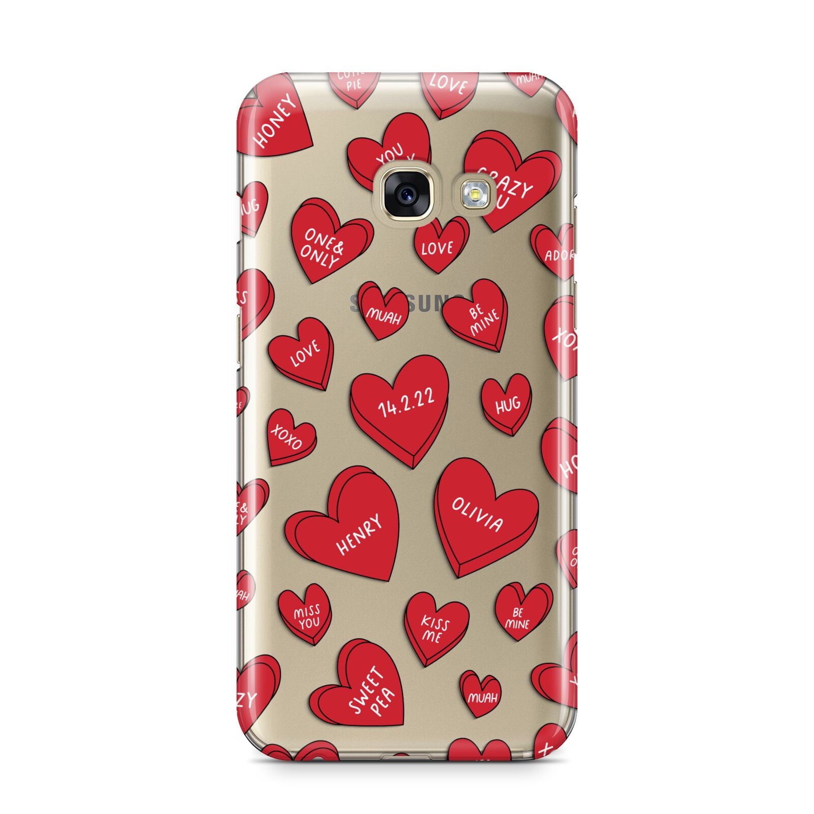 Red Hearts Couples Personalised Samsung Galaxy A3 2017 Case on gold phone