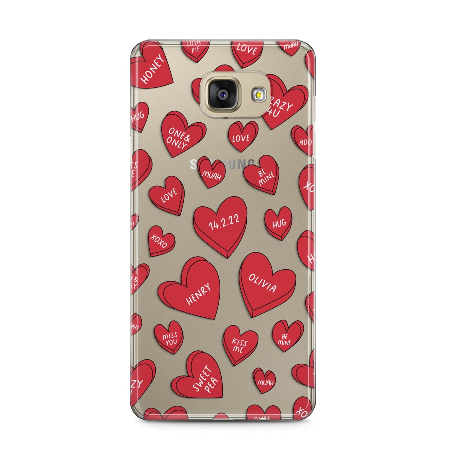 Red Hearts Couples Personalised Samsung Galaxy A5 2016 Case on gold phone