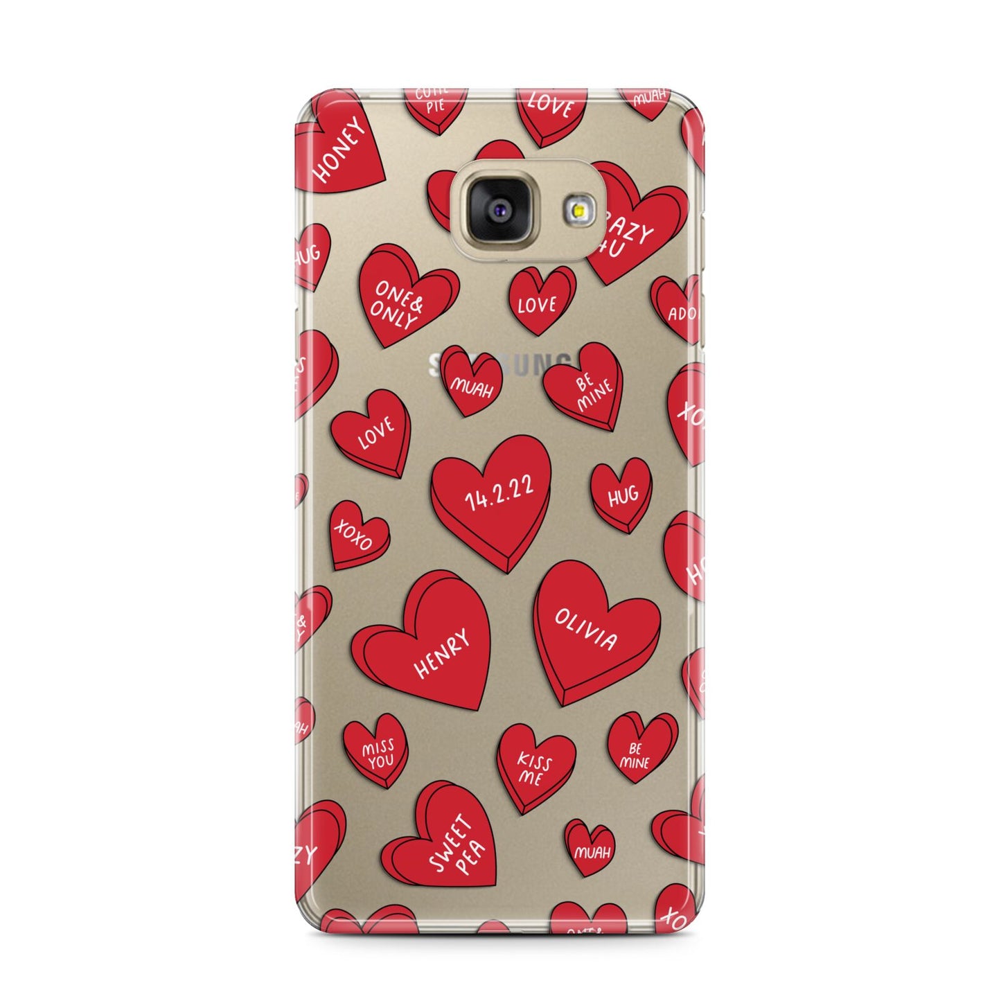 Red Hearts Couples Personalised Samsung Galaxy A7 2016 Case on gold phone