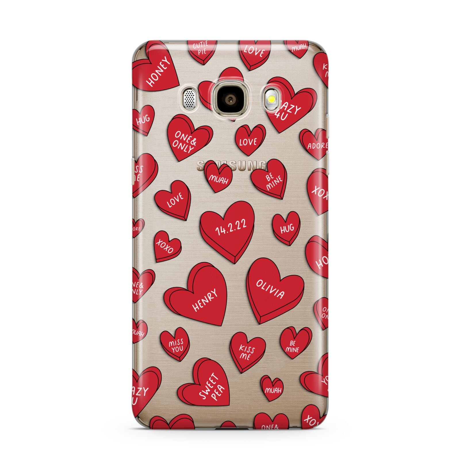 Red Hearts Couples Personalised Samsung Galaxy J7 2016 Case on gold phone