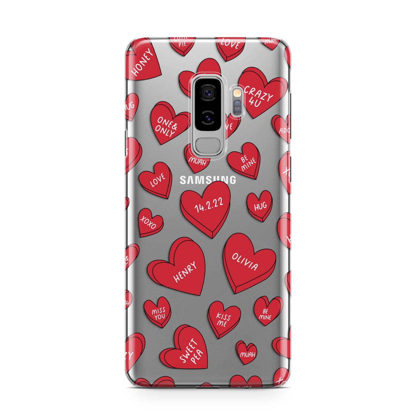 Red Hearts Couples Personalised Samsung Galaxy S9 Plus Case on Silver phone