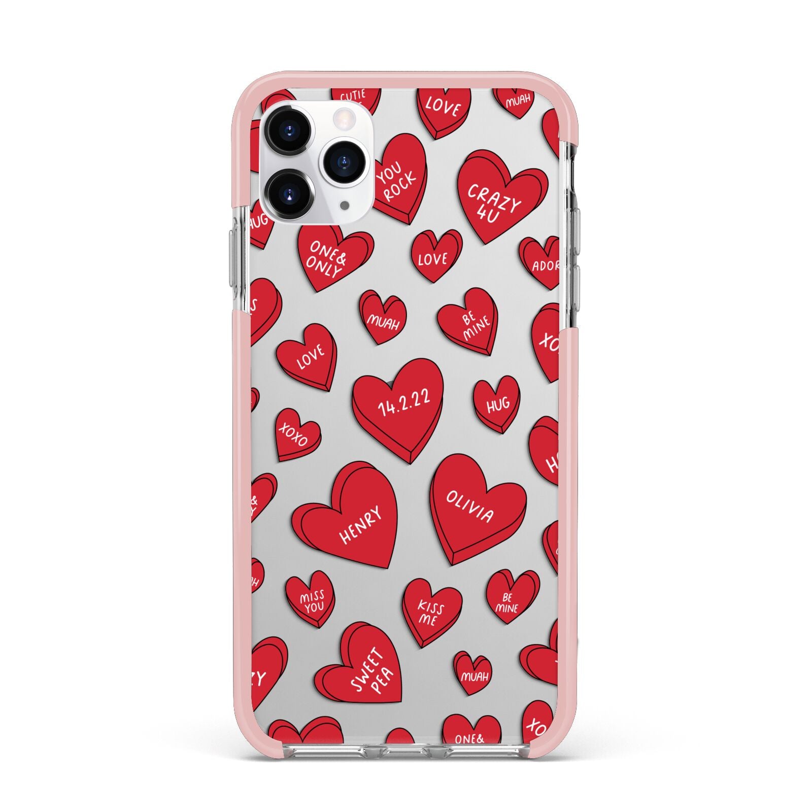 Red Hearts Couples Personalised iPhone 11 Pro Max Impact Pink Edge Case