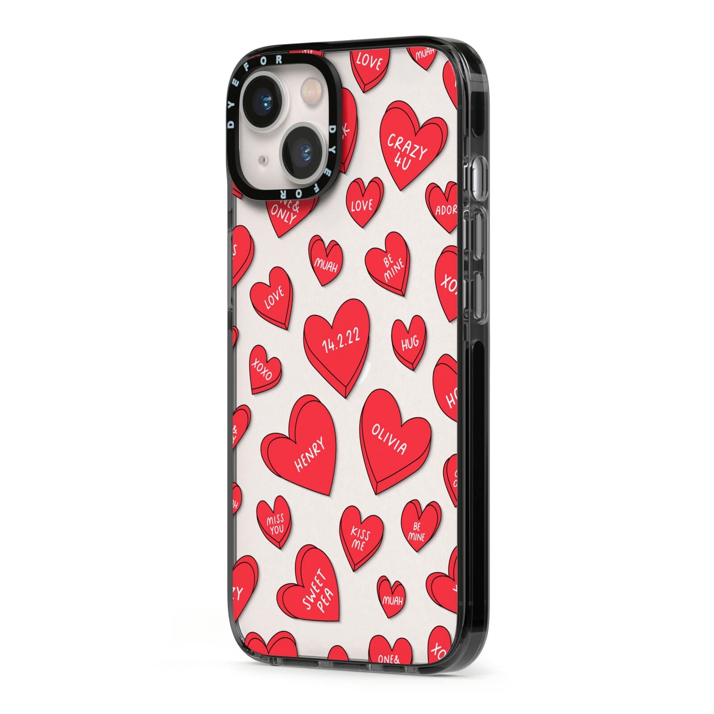 Red Hearts Couples Personalised iPhone 13 Black Impact Case Side Angle on Silver phone