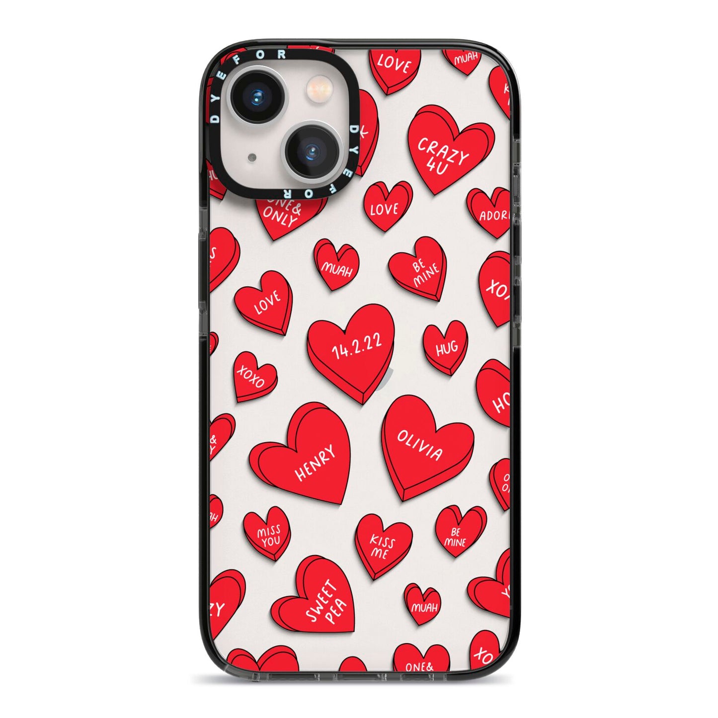 Red Hearts Couples Personalised iPhone 13 Black Impact Case on Silver phone