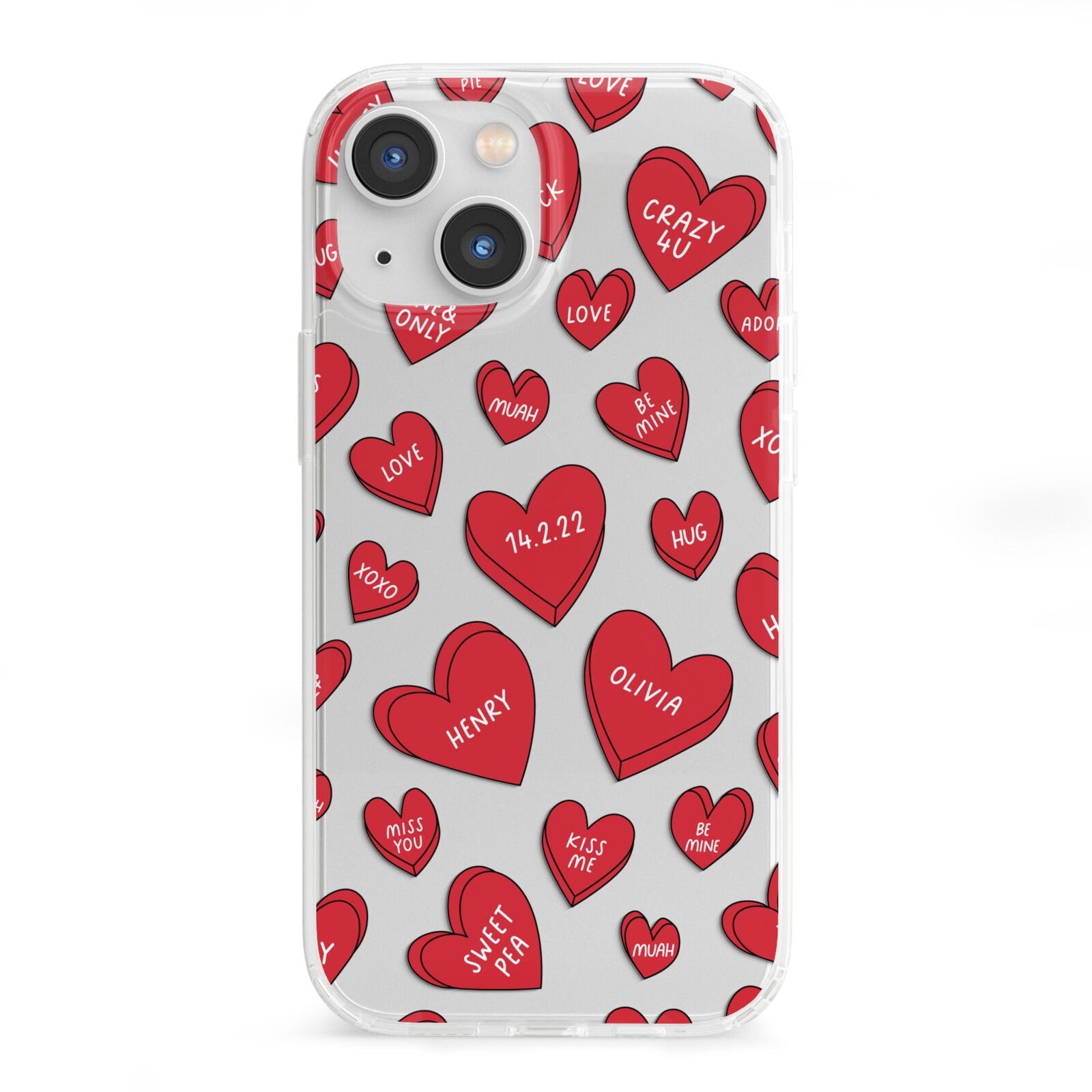 Red Hearts Couples Personalised iPhone 13 Mini Clear Bumper Case